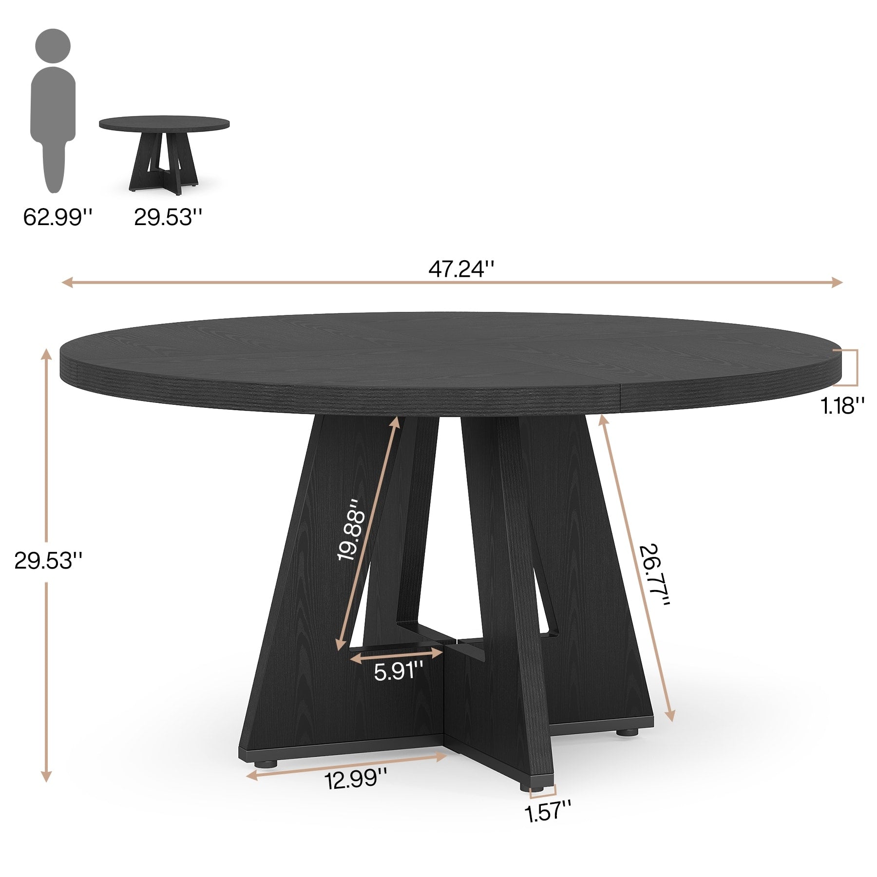 Table à manger ronde 47 pour 4 personnes, table de cuisine de ferme, petite table à dîner, table de cuisine en bois pour salle à manger et salon