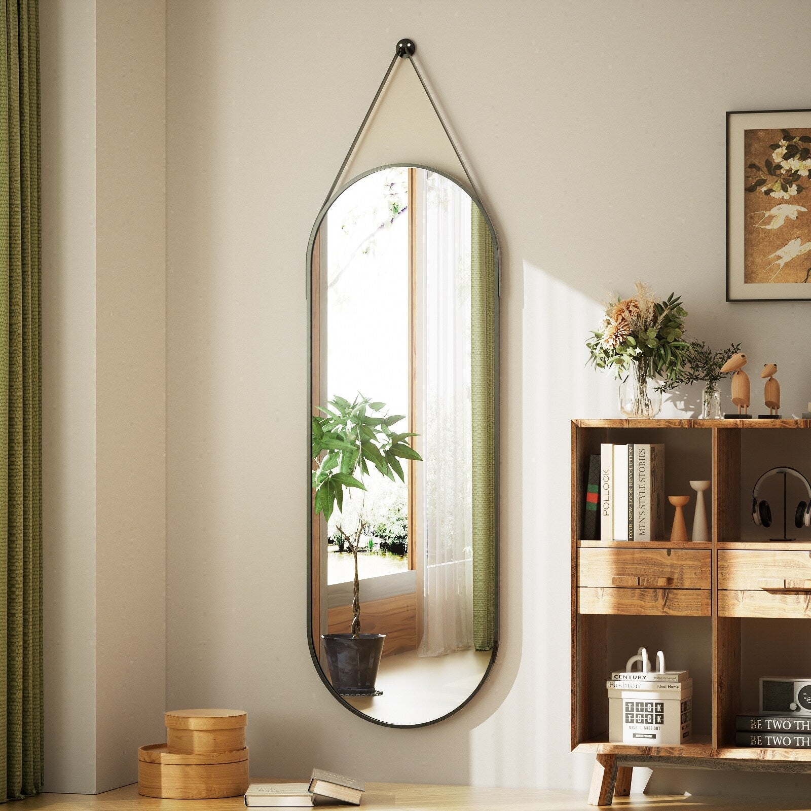 Miroir mural suspendu pleine longueur 48 x 16 avec sangle en cuir
