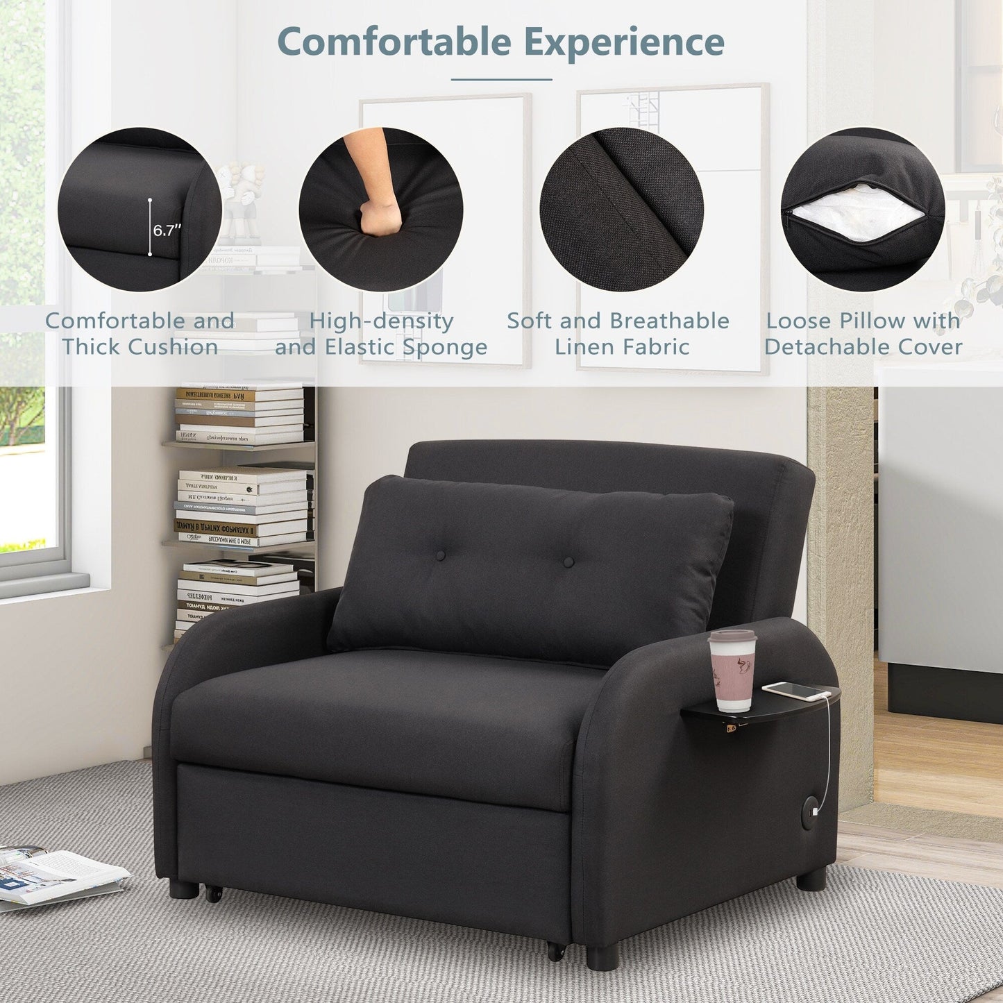 Canapé-lit 3 en 1 48,82 places avec table à 2 oreilles et chargeur USB