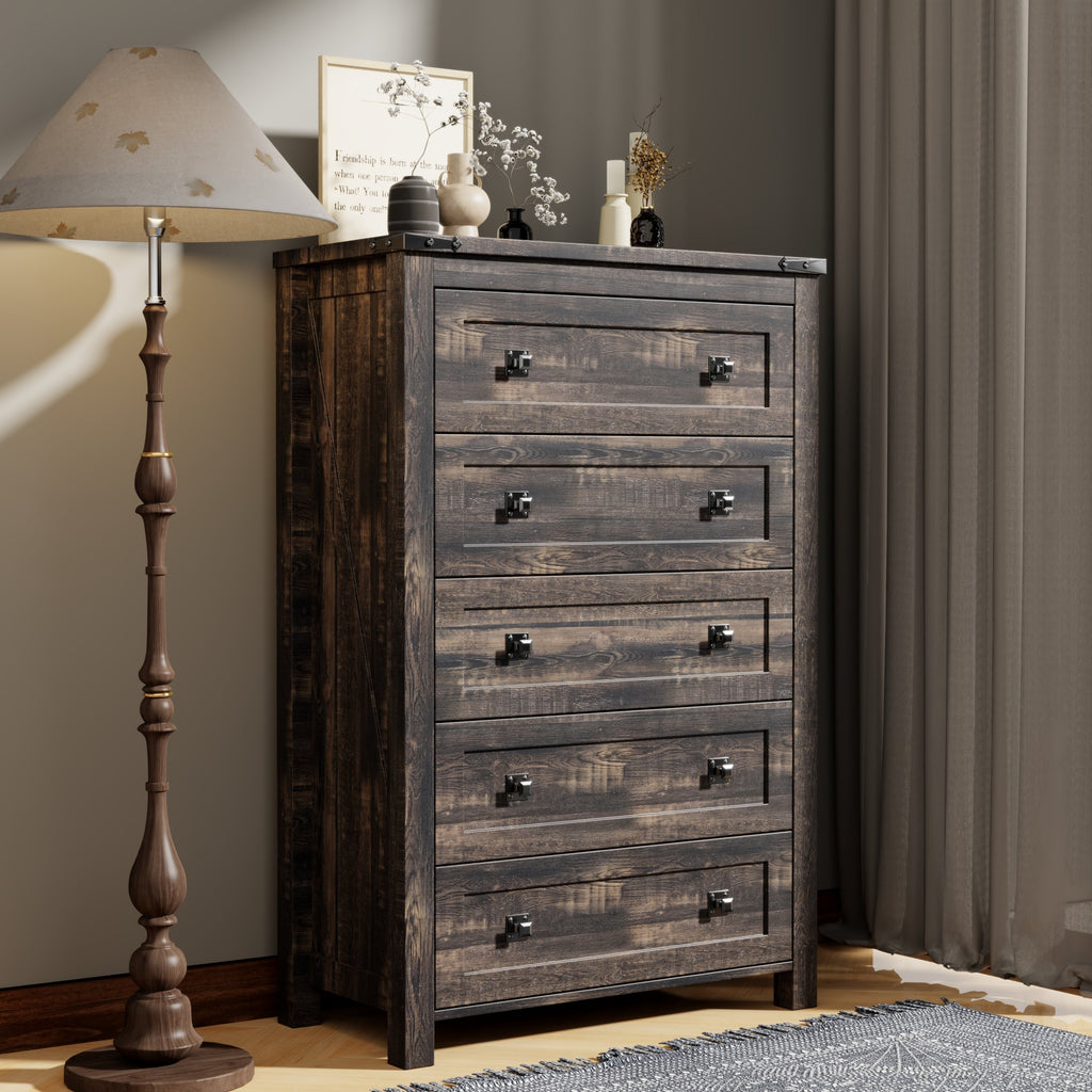 Commode haute en bois à 5 tiroirs de style ferme, idéale pour la chambre à coucher