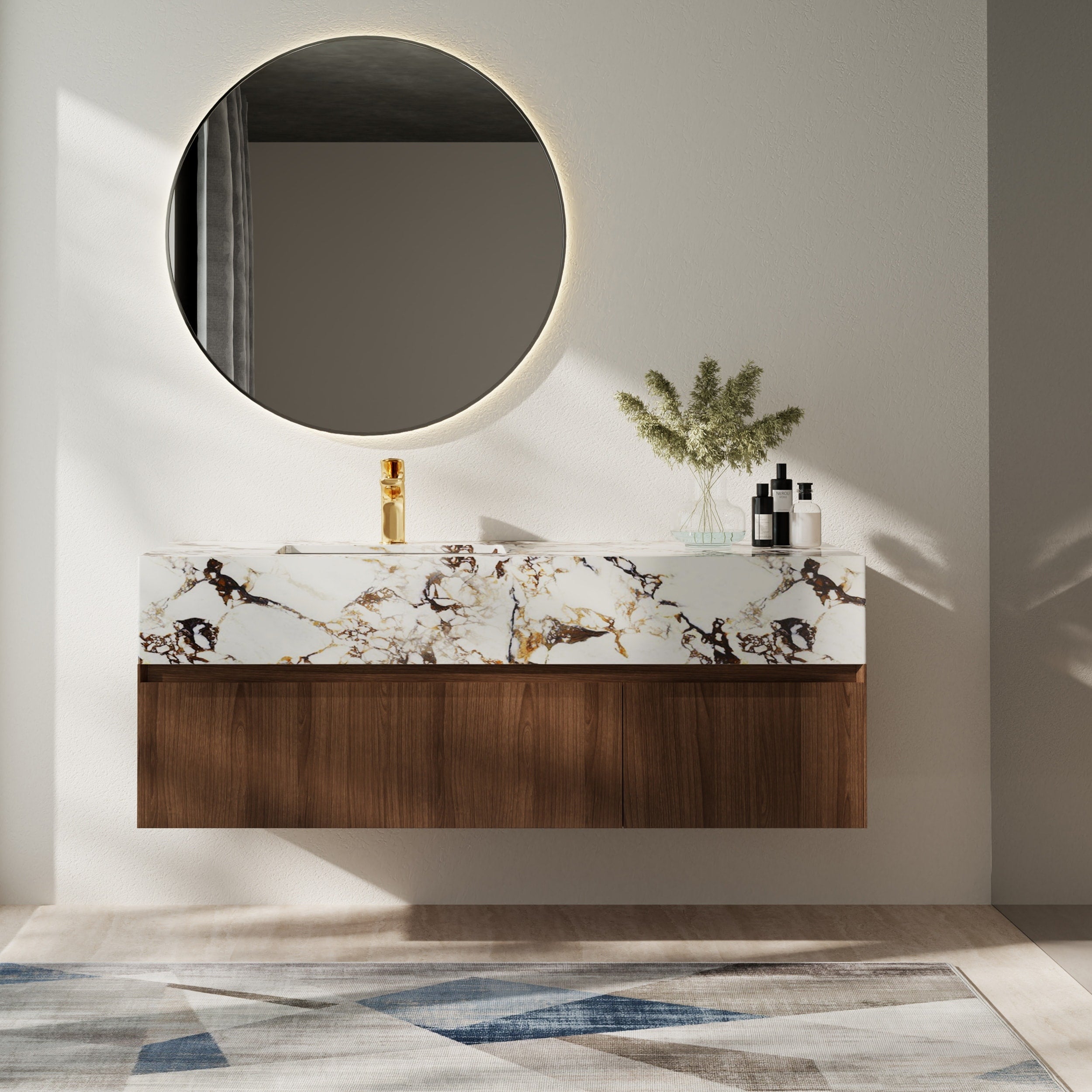 Meubles-lavabos simples modernes de 48 po, avec dessus en faux marbre brillant, bois massif