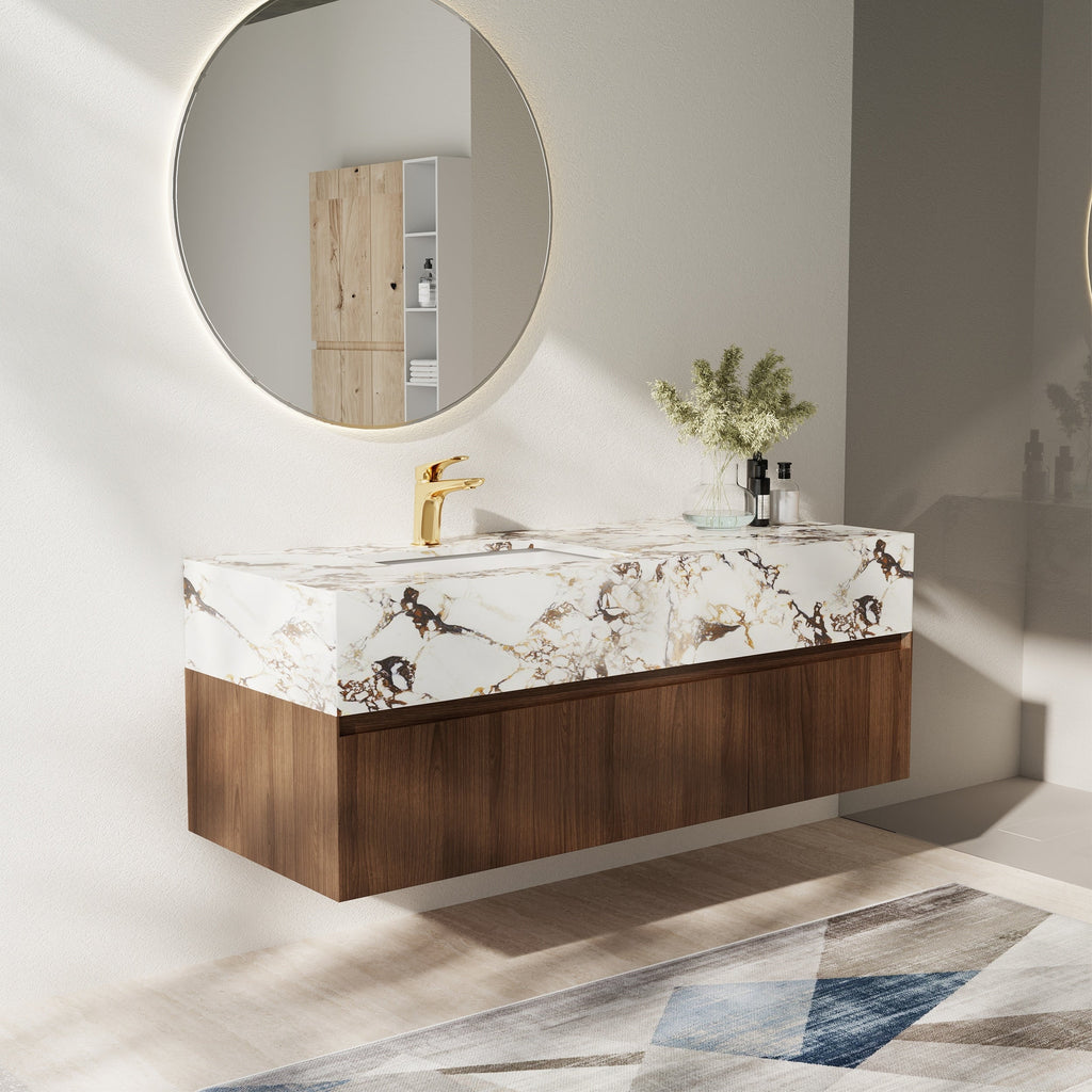 Meubles-lavabos simples modernes de 48 po, avec dessus en faux marbre brillant, bois massif