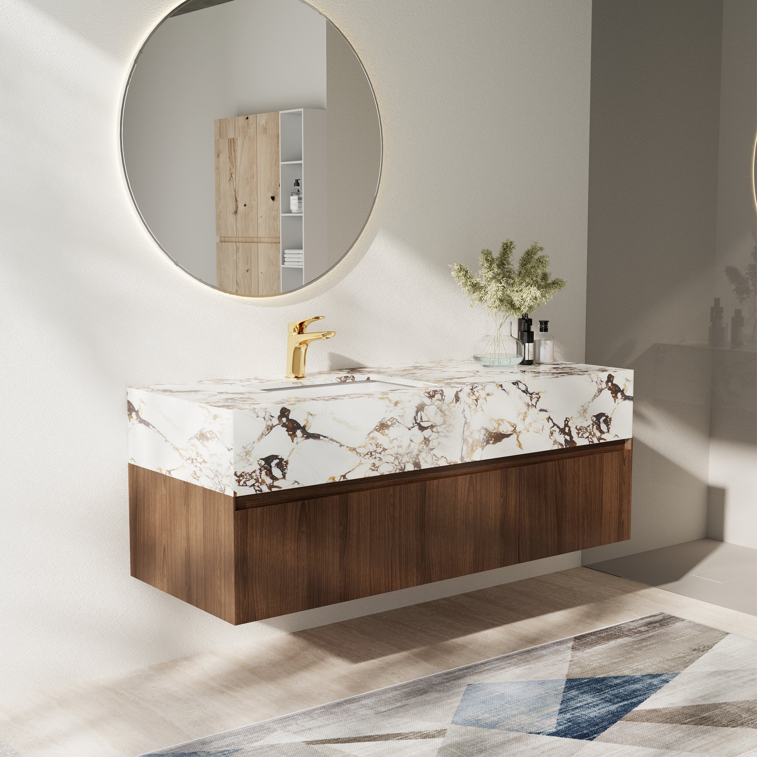 Meubles-lavabos simples modernes de 48 po, avec dessus en faux marbre brillant, bois massif
