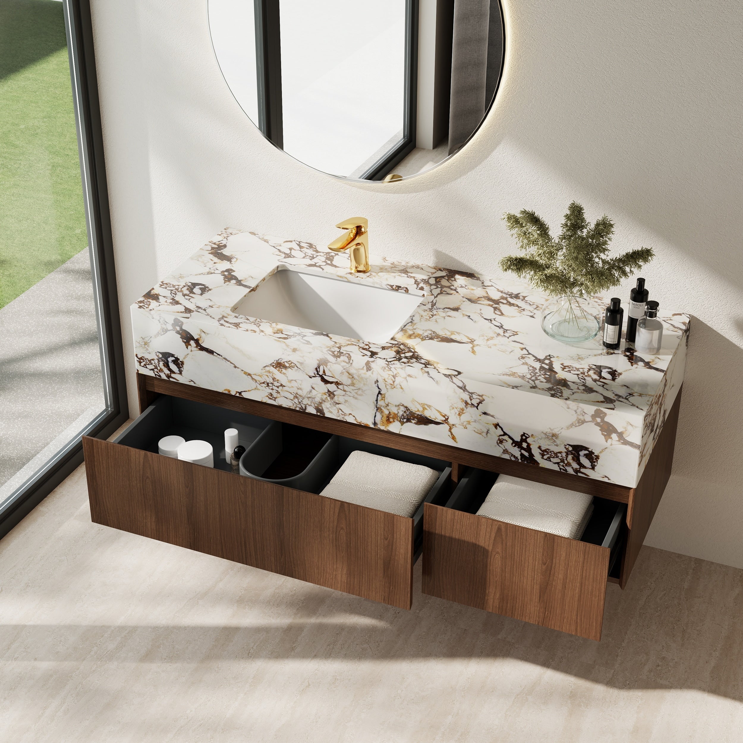 Meubles-lavabos simples modernes de 48 po, avec dessus en faux marbre brillant, bois massif