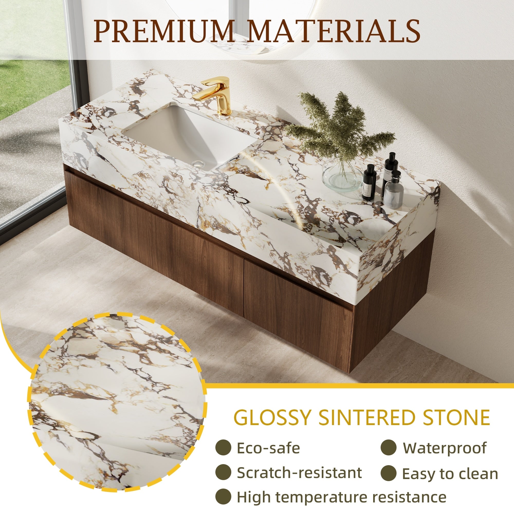 Meubles-lavabos simples modernes de 48 po, avec dessus en faux marbre brillant, bois massif