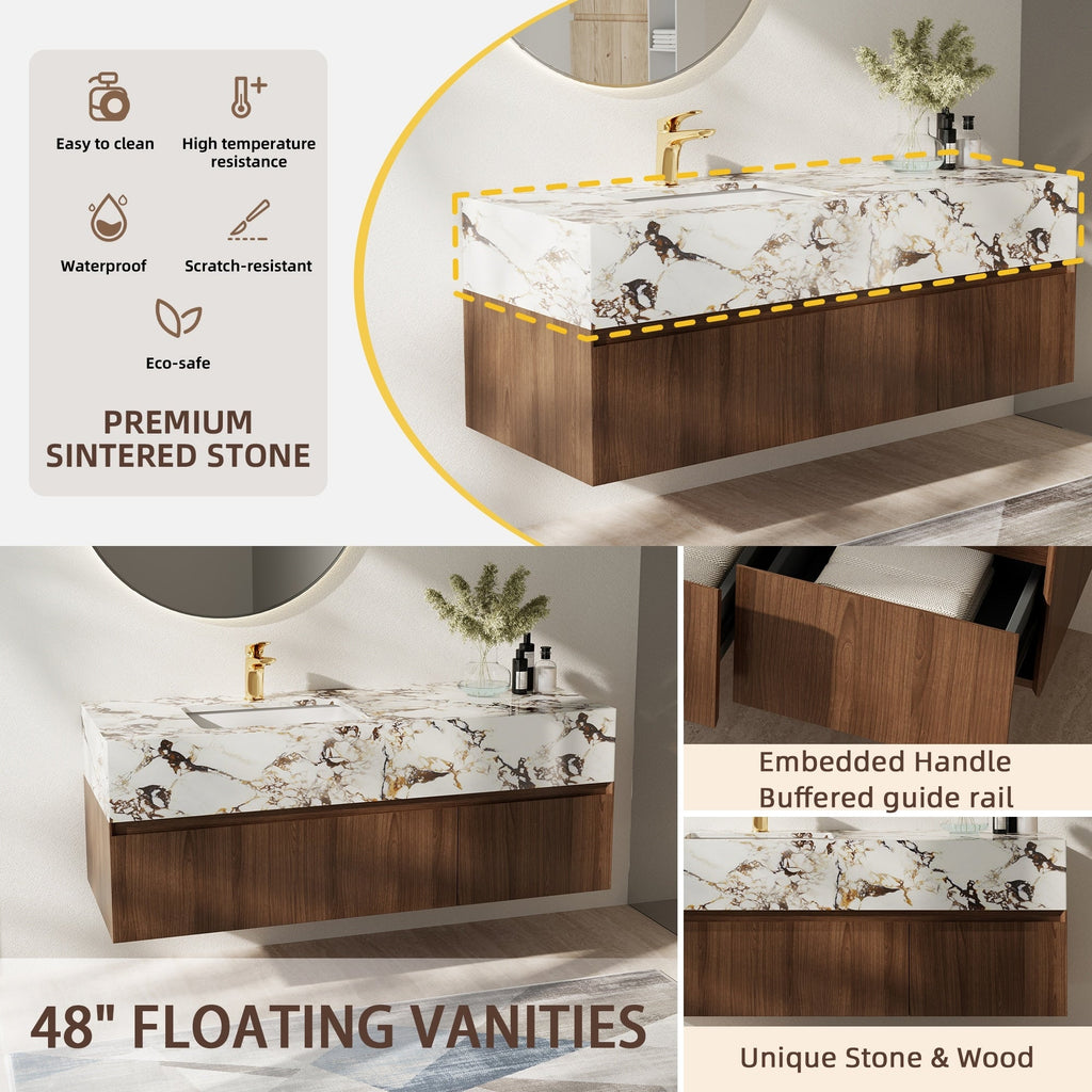 Meubles-lavabos simples modernes de 48 po, avec dessus en faux marbre brillant, bois massif