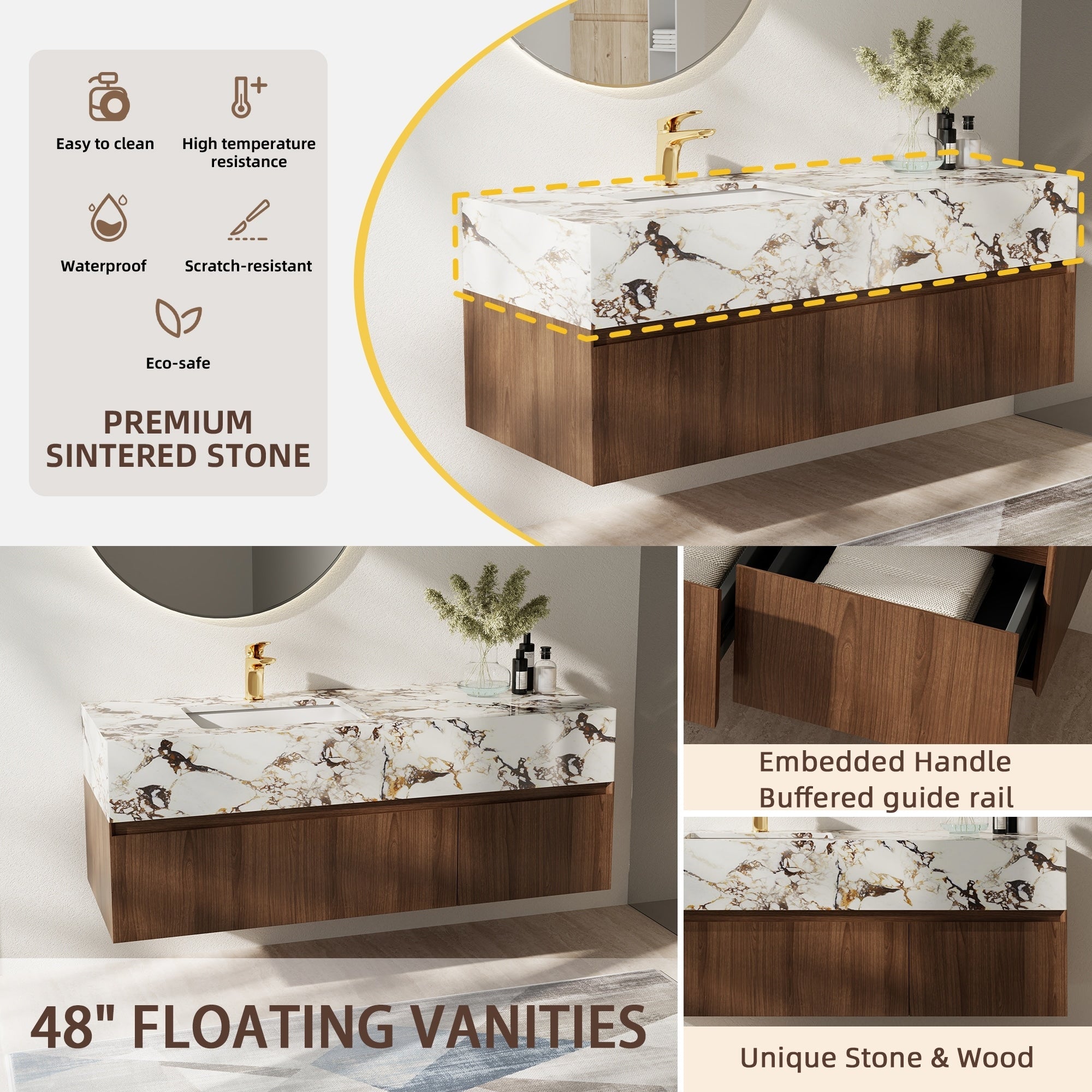 Meubles-lavabos simples modernes de 48 po, avec dessus en faux marbre brillant, bois massif