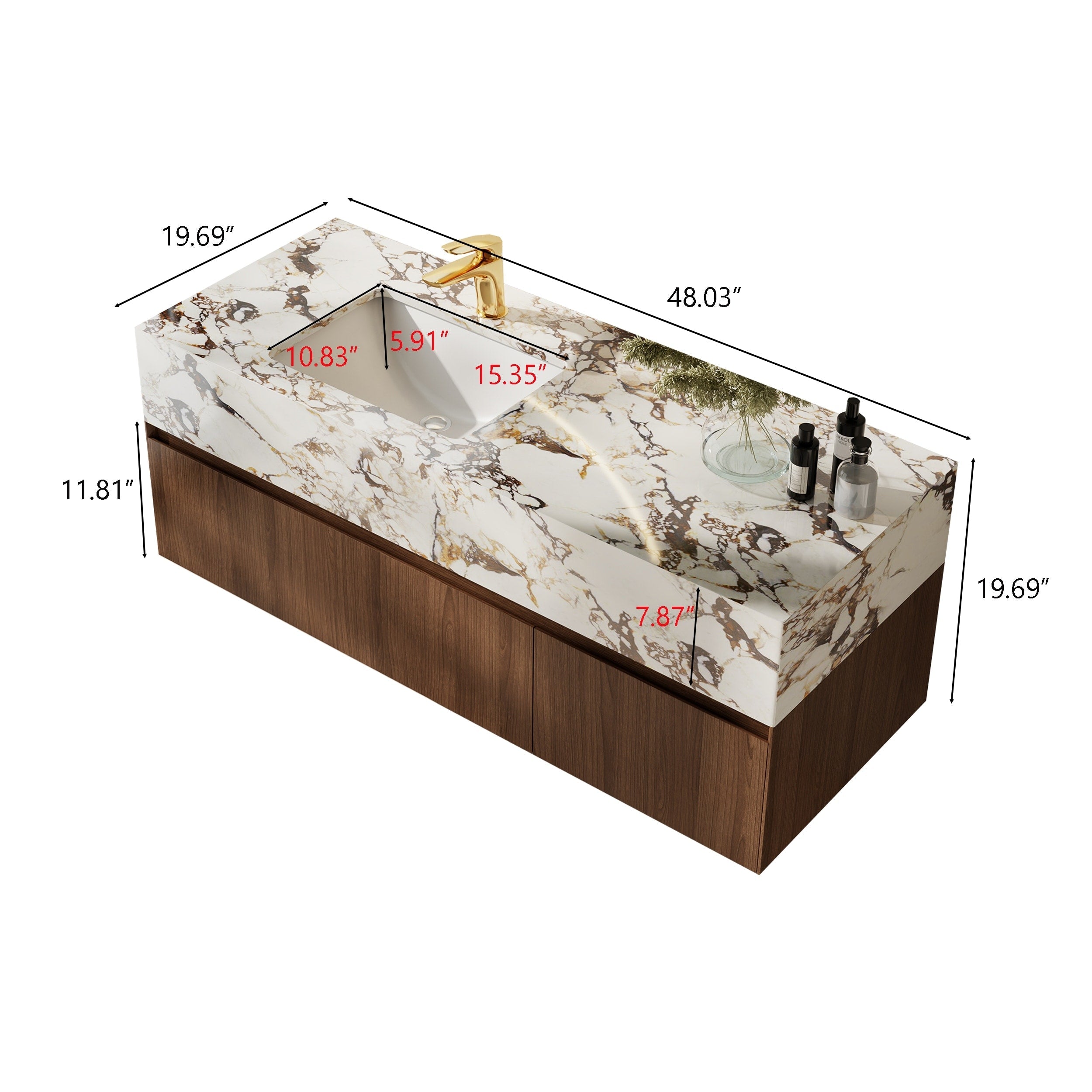 Meubles-lavabos simples modernes de 48 po, avec dessus en faux marbre brillant, bois massif