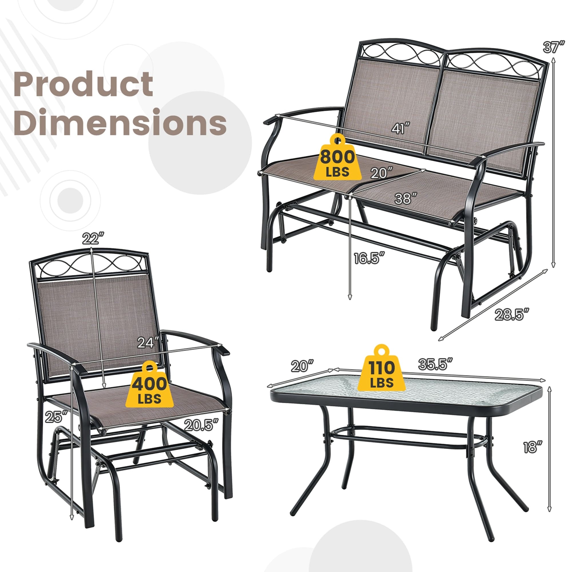 Ensemble de 4 chaises à bascule pour patio, table et fauteuil à bascule, robuste