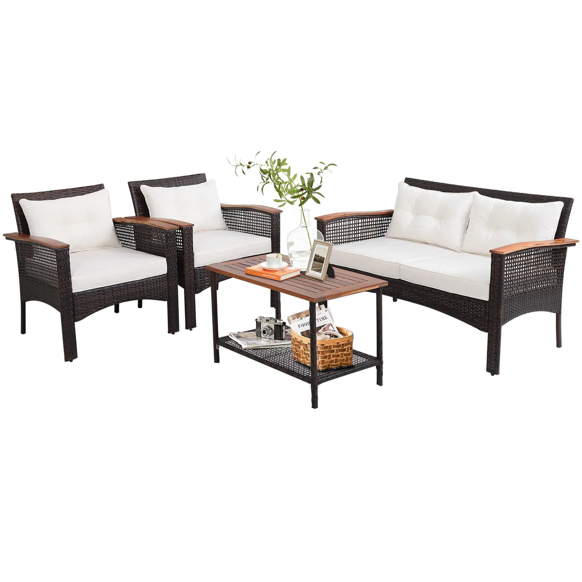 Ensemble de meubles de patio en rotin et bois d'acacia, 4 pièces, coussins, accoudoirs, terrasse