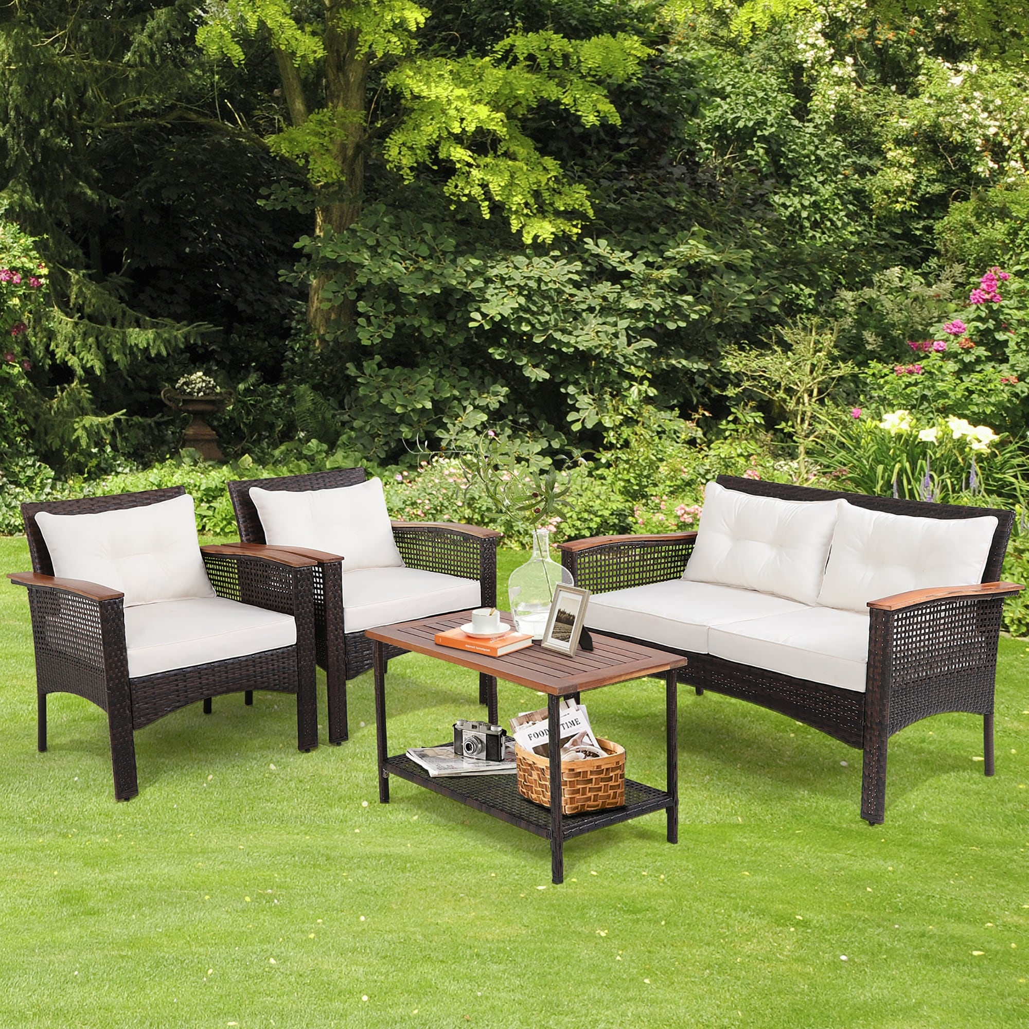 Ensemble de meubles de patio en rotin et bois d'acacia, 4 pièces, coussins, accoudoirs, terrasse