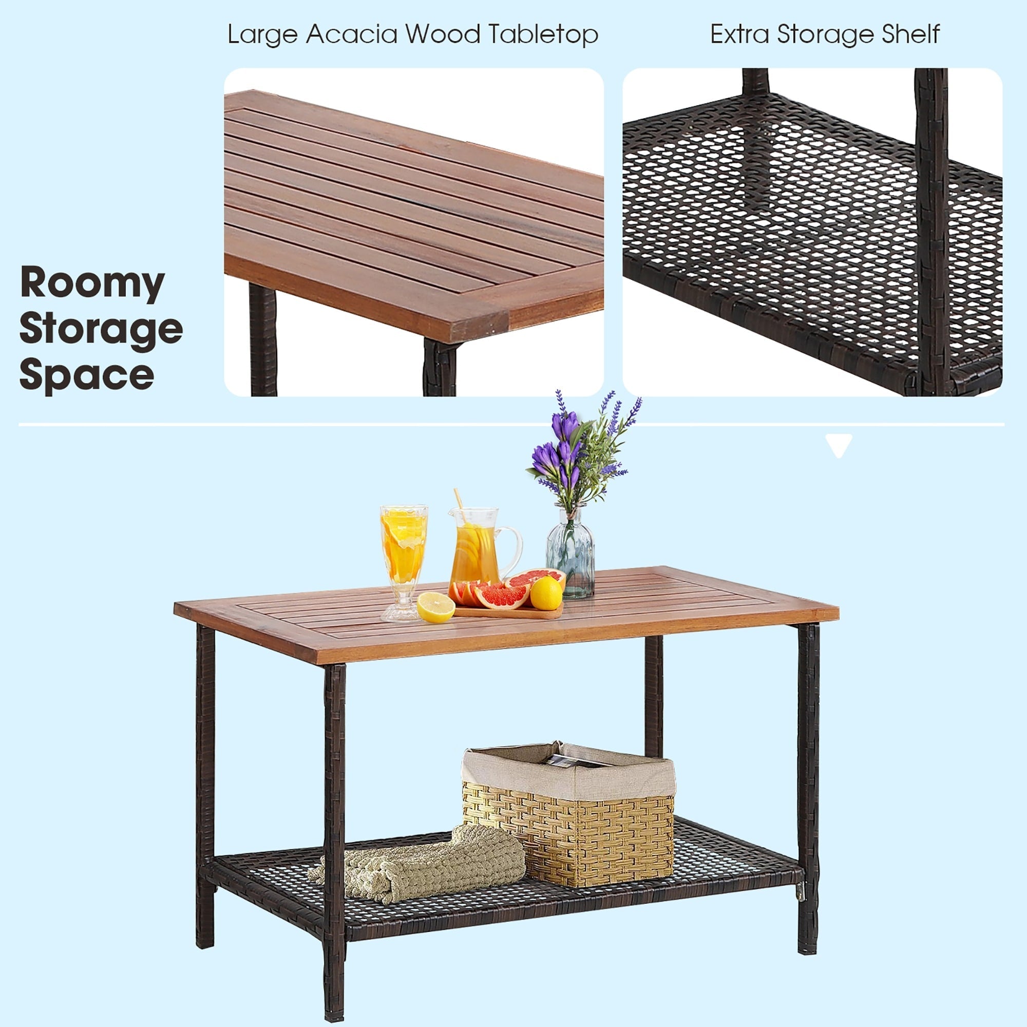 Ensemble de meubles de patio en rotin et bois d'acacia, 4 pièces, coussins, accoudoirs, terrasse