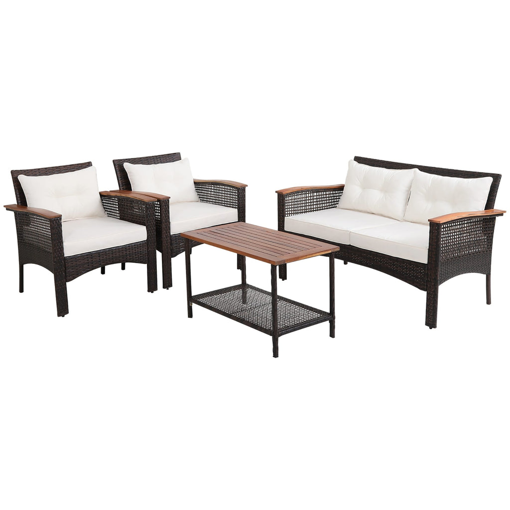 Ensemble de meubles de patio en rotin et bois d'acacia, 4 pièces, coussins, accoudoirs, terrasse