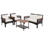Ensemble de meubles de patio en rotin et bois d'acacia, 4 pièces, coussins, accoudoirs, terrasse