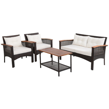 Ensemble de meubles de patio en rotin et bois d'acacia, 4 pièces, coussins, accoudoirs, terrasse