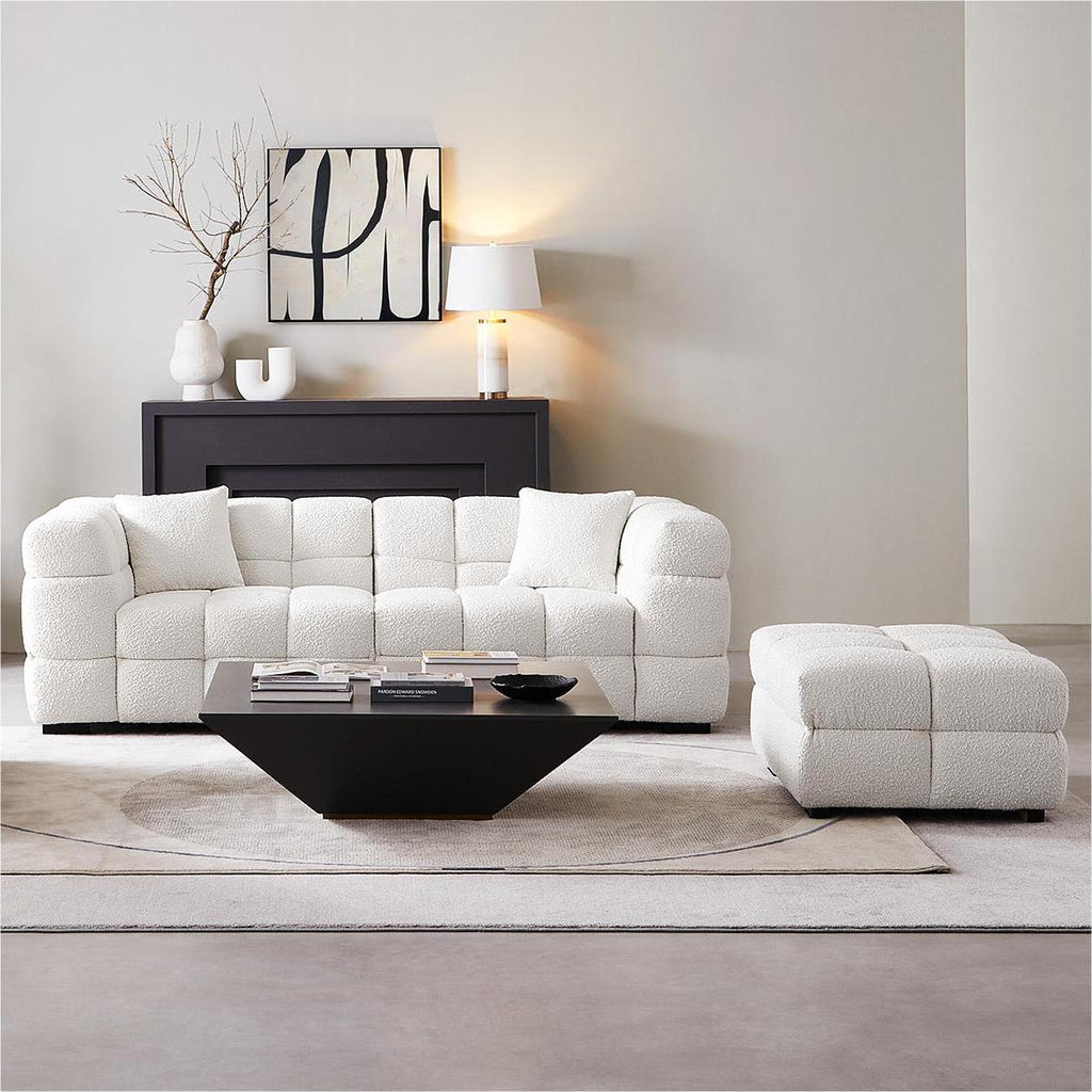 Cushy White Boucle Fabric Tufted Sofa With Ottoman