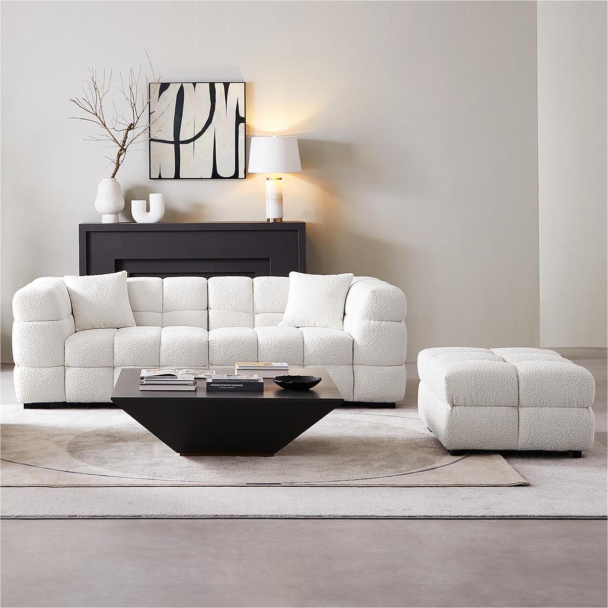 Cushy White Boucle Fabric Tufted Sofa With Ottoman