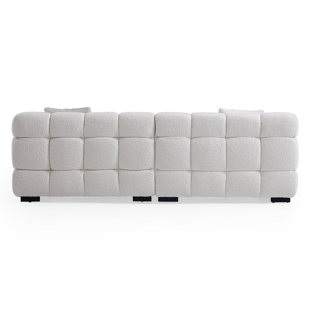Cushy White Boucle Fabric Tufted Sofa With Ottoman