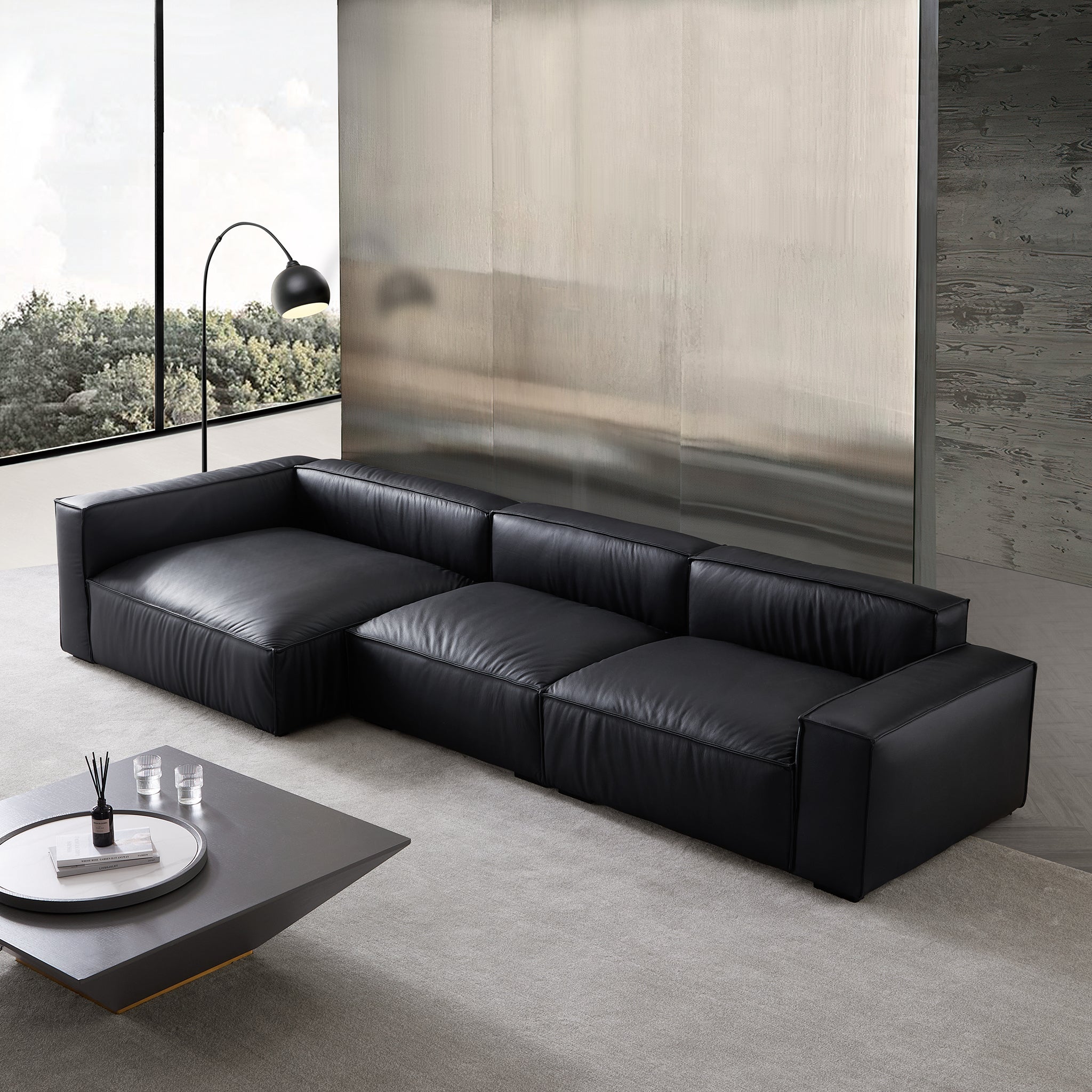 Canapé d'angle minimaliste de luxe en cuir marron foncé