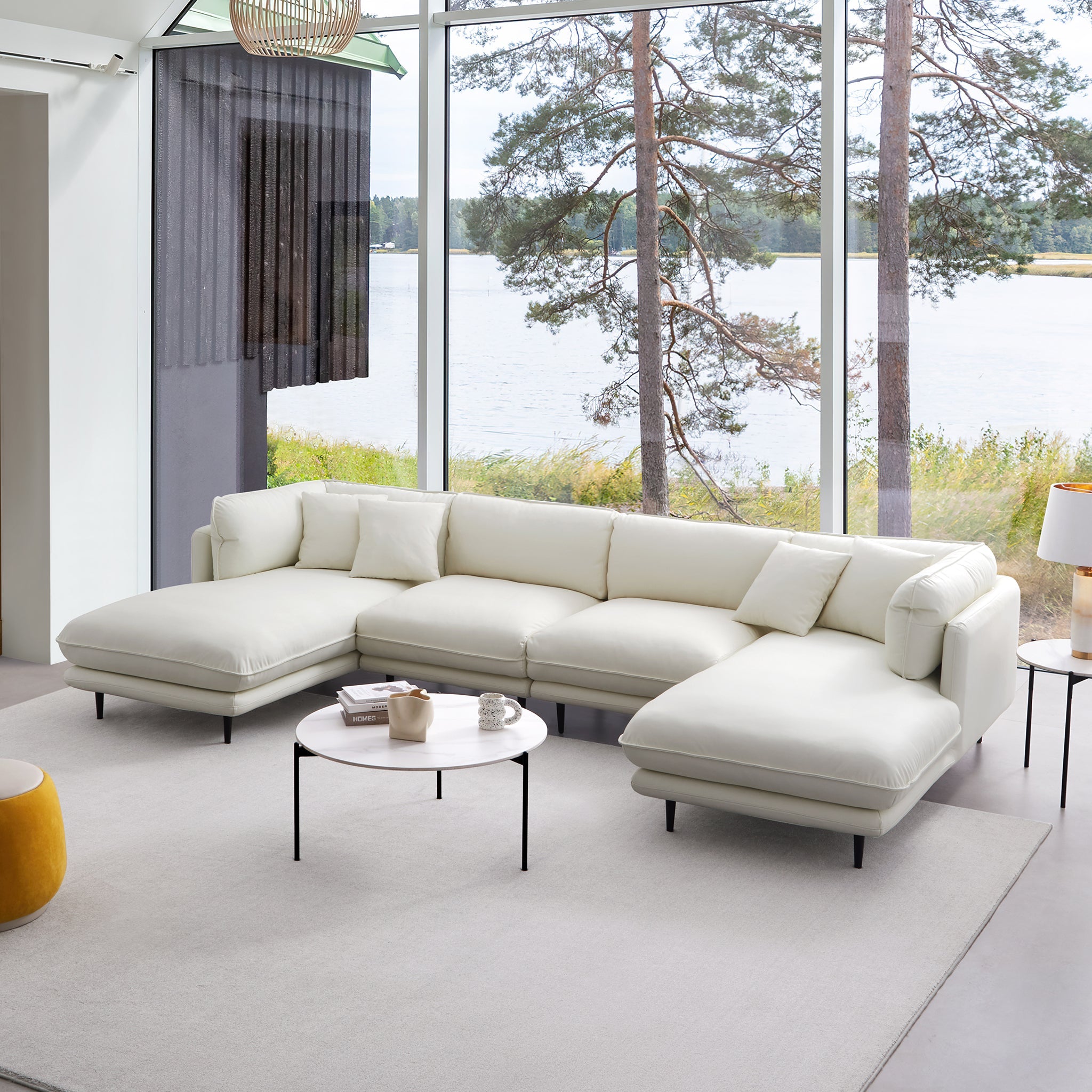 Vanilla White Leather U-Shaped Sectional