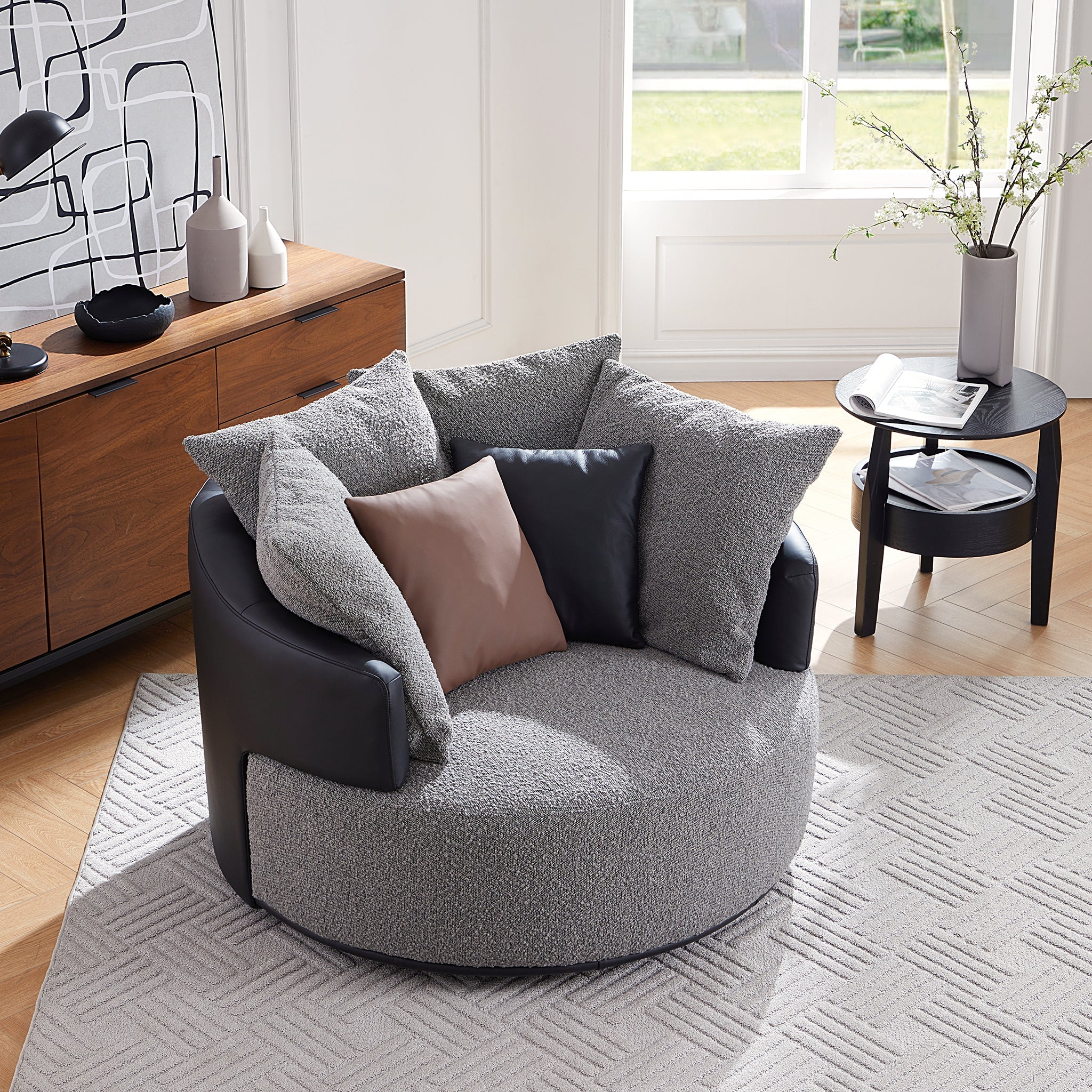 Fauteuil pivotant Luna en tissu bouclé gris clair