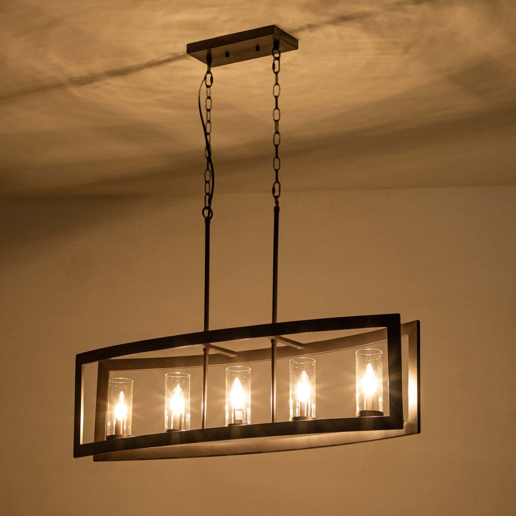 Lustre rectangulaire en verre vintage à 5 lumières pour îlot de cuisine industriel moderne du milieu du siècle