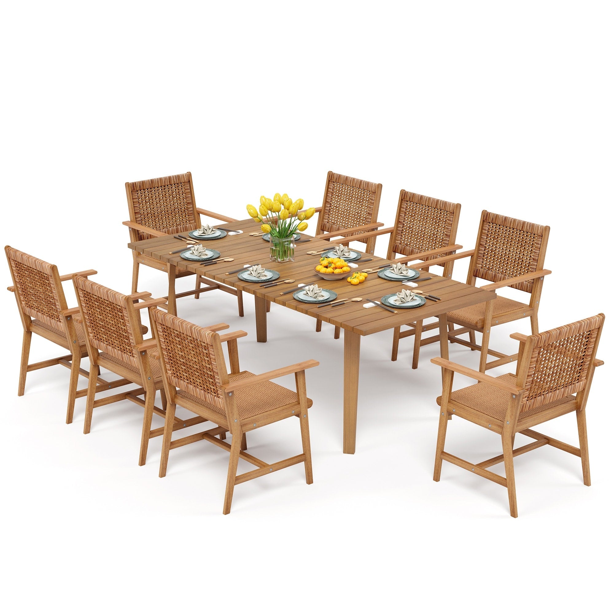 Ensemble de salle à manger d'extérieur en bois d'acacia MAISON ARTS 5/7/9 pièces, table et chaises en teck avec assise et dossier en osier