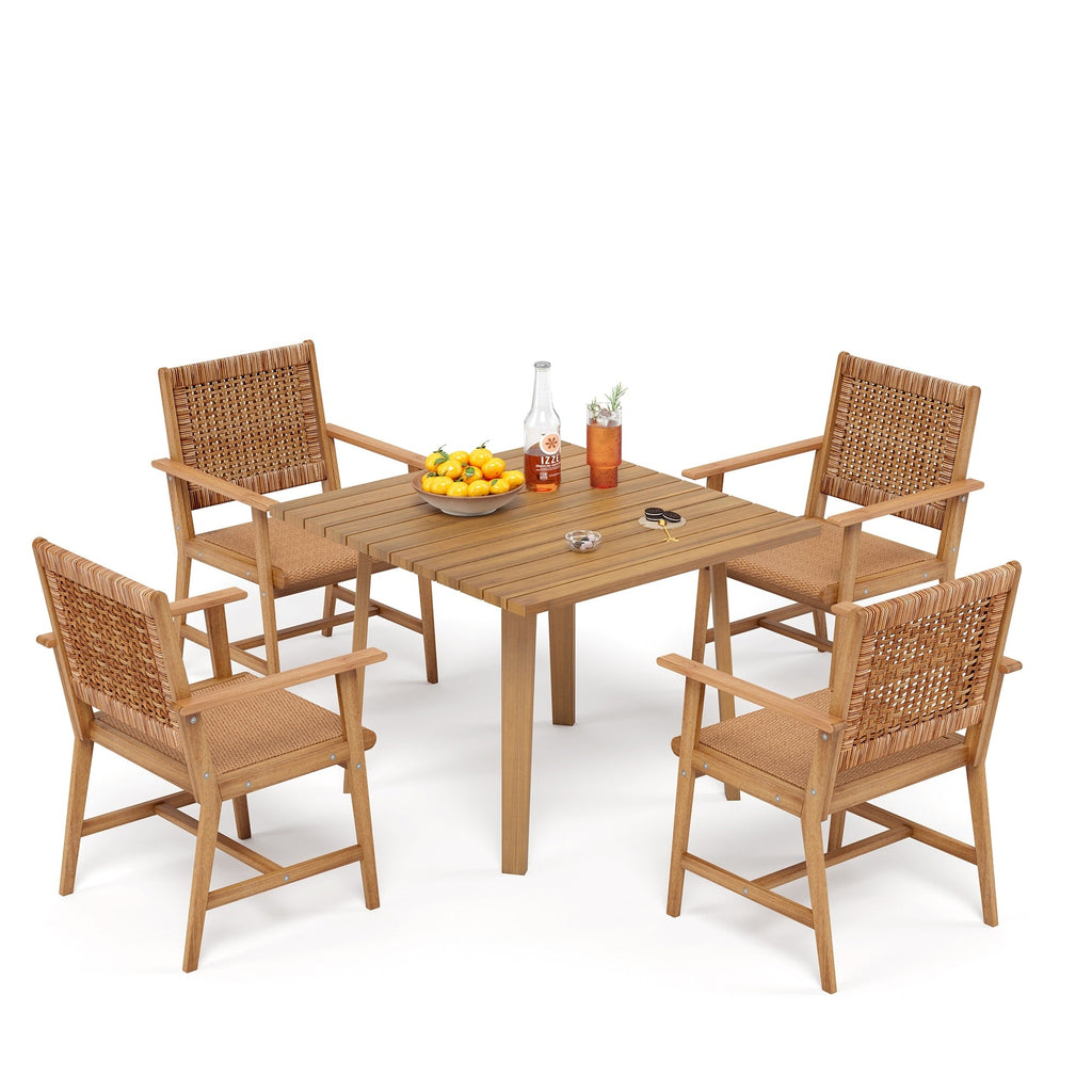 Ensemble de salle à manger d'extérieur en bois d'acacia MAISON ARTS 5/7/9 pièces, table et chaises en teck avec assise et dossier en osier