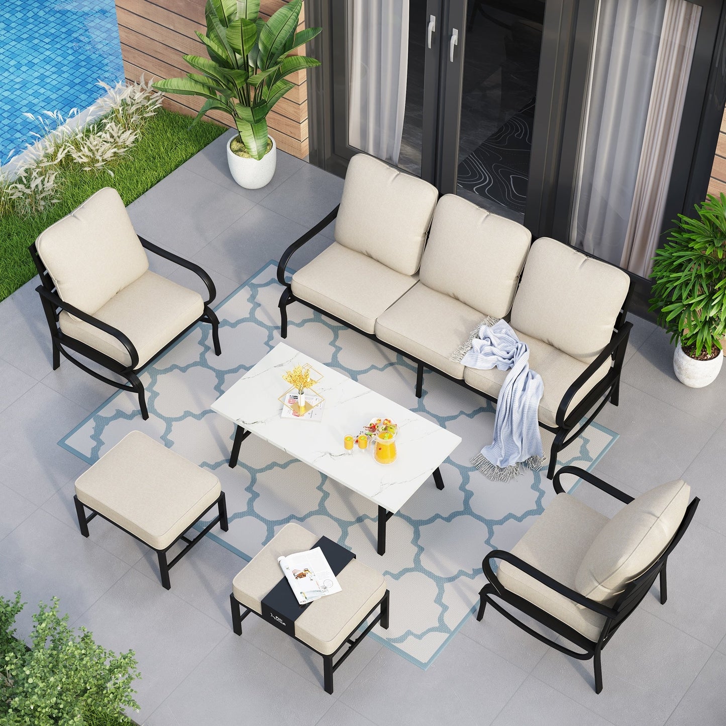 Ensemble de salon de jardin MAISON ARTS 5/7/9 places, canapé d'extérieur avec fauteuils simples, canapé 3 places, pouf et table basse