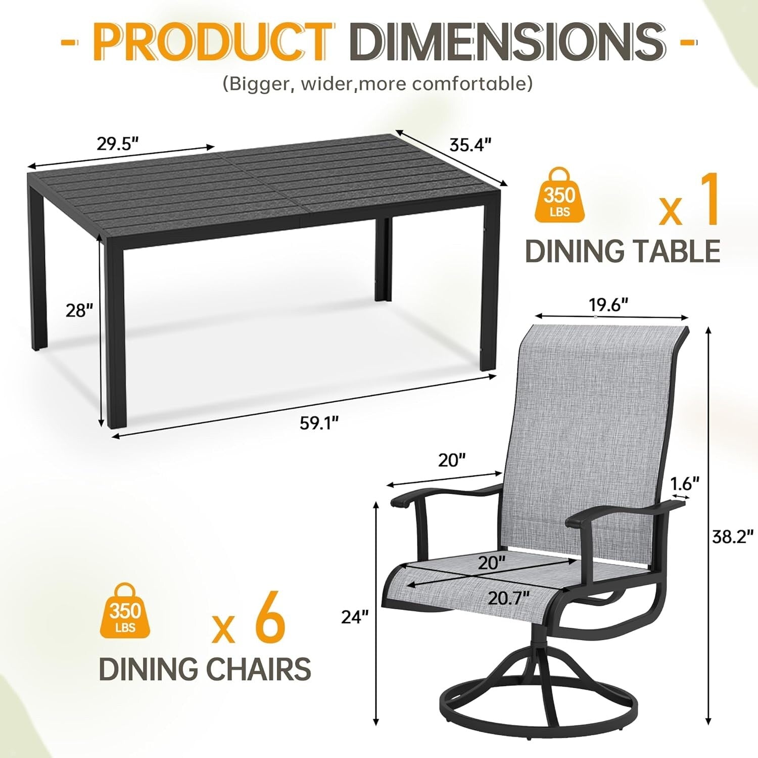 Ensemble de salle à manger d'extérieur 5/7 pièces avec 4/6 chaises pivotantes et table rectangulaire, ensemble de table à manger pour 4/6 personnes