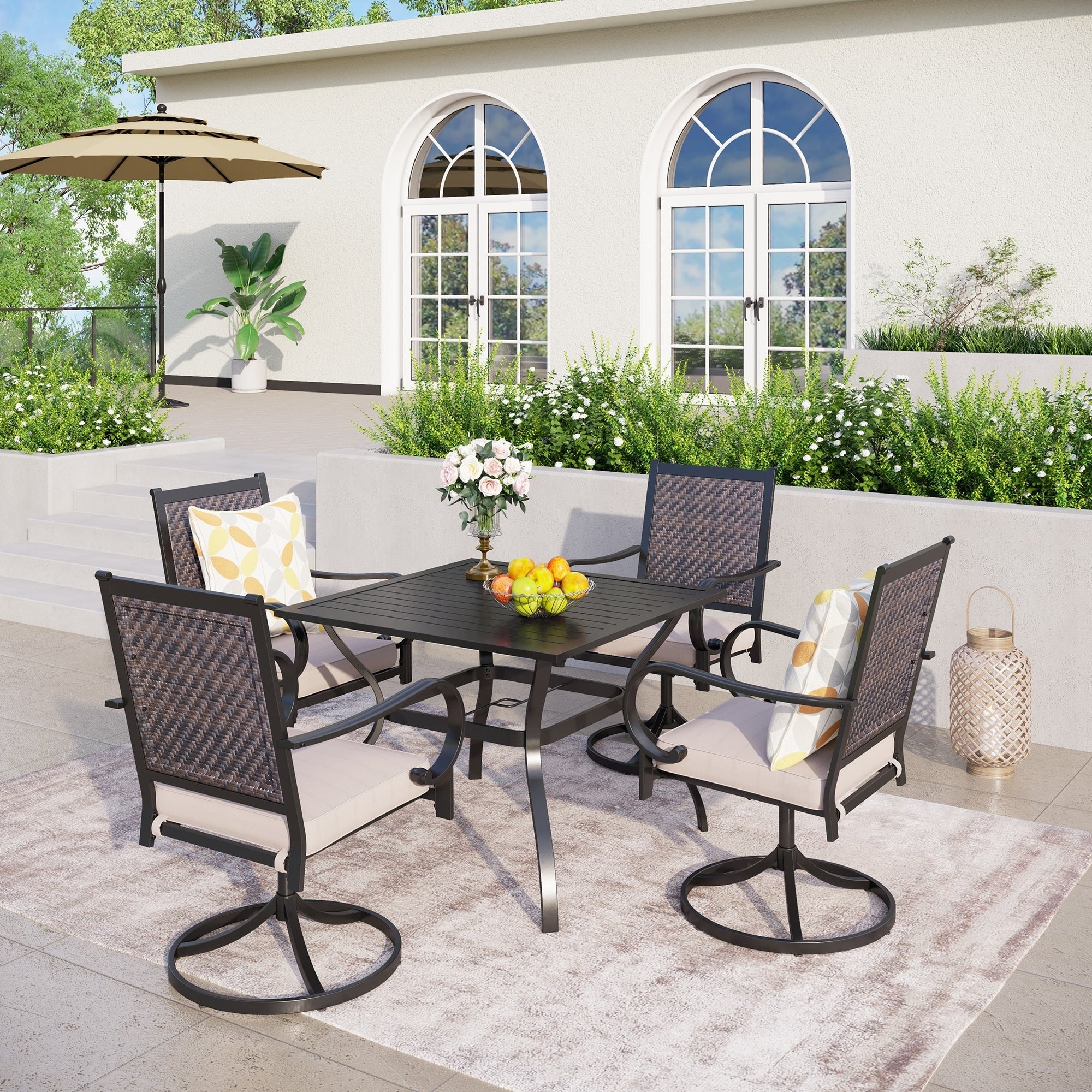 MAISON ARTS 5/7-piece Patio Dining Set, 4/6 Rattan Swivel Chairs with Cushion and 1 Metal Table with Umbrella Hole