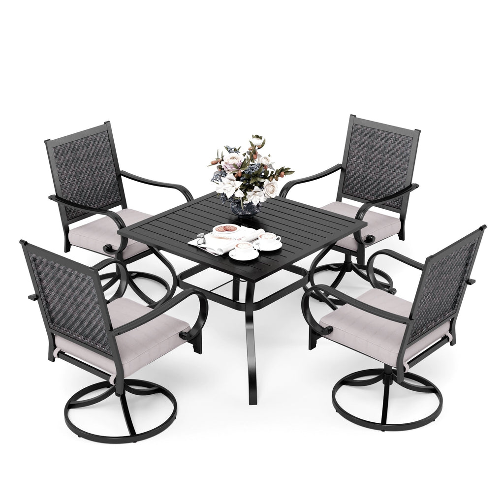 Ensemble de salle à manger de patio MAISON ARTS 5/7 pièces, 4/6 chaises pivotantes en rotin avec coussin et 1 table en métal avec trou pour parasol