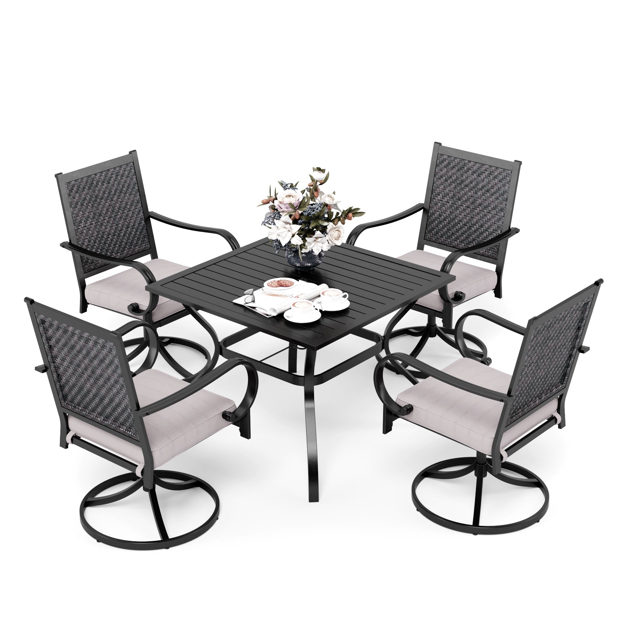 MAISON ARTS 5/7-piece Patio Dining Set, 4/6 Rattan Swivel Chairs with Cushion and 1 Metal Table with Umbrella Hole