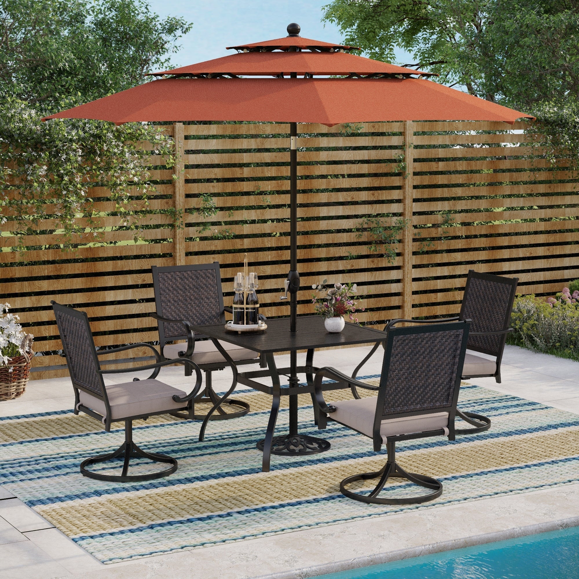 MAISON ARTS 5/7-piece Patio Dining Set, 4/6 Rattan Swivel Chairs with Cushion and 1 Metal Table with Umbrella Hole