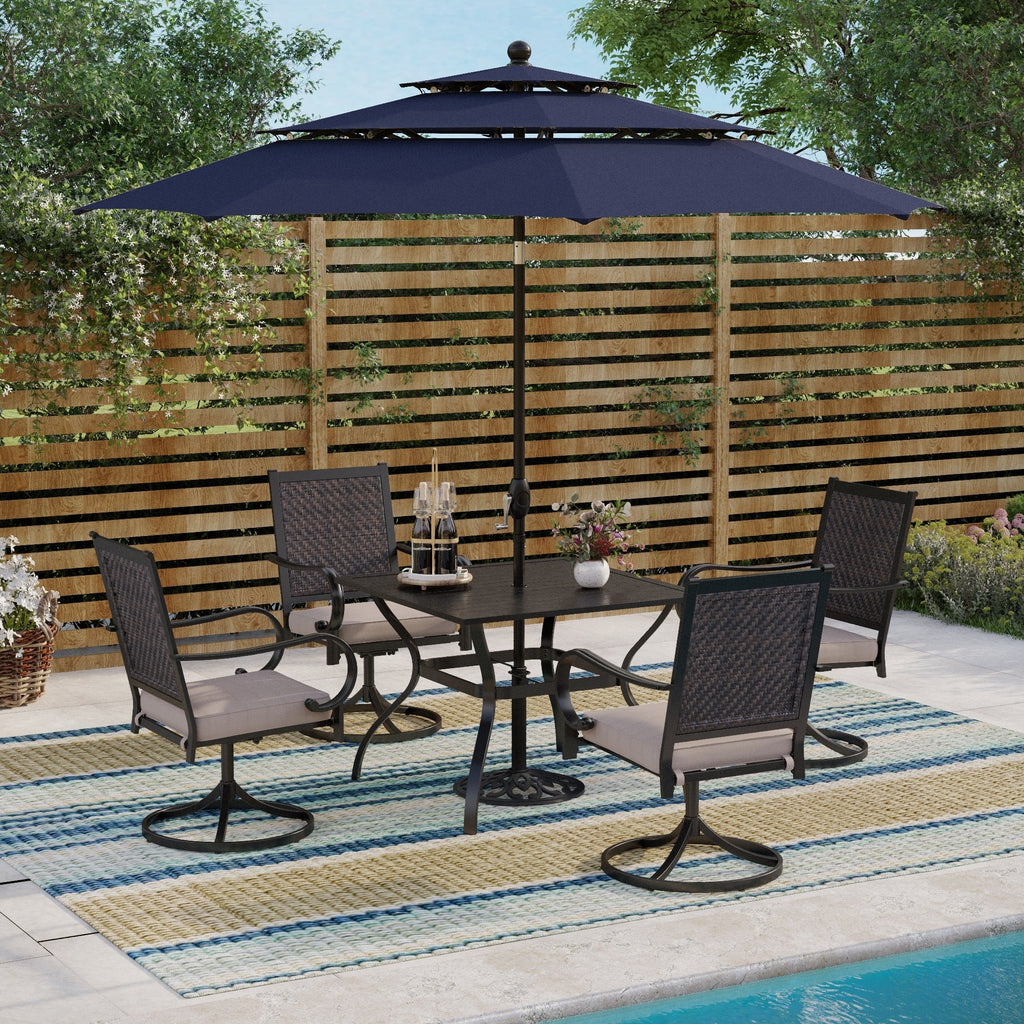 Ensemble de salle à manger de patio MAISON ARTS 5/7 pièces, 4/6 chaises pivotantes en rotin avec coussin et 1 table en métal avec trou pour parasol