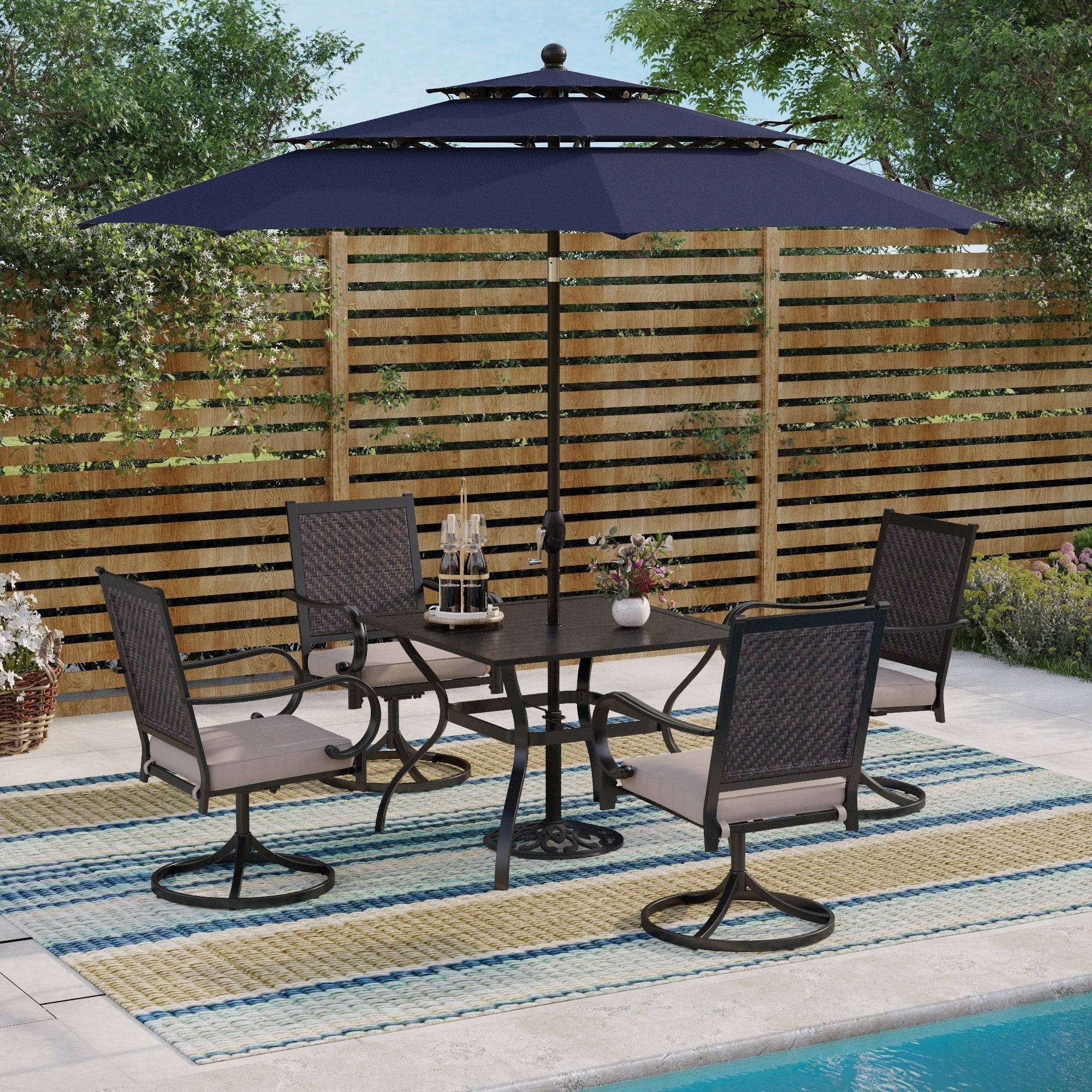 MAISON ARTS 5/7-piece Patio Dining Set, 4/6 Rattan Swivel Chairs with Cushion and 1 Metal Table with Umbrella Hole