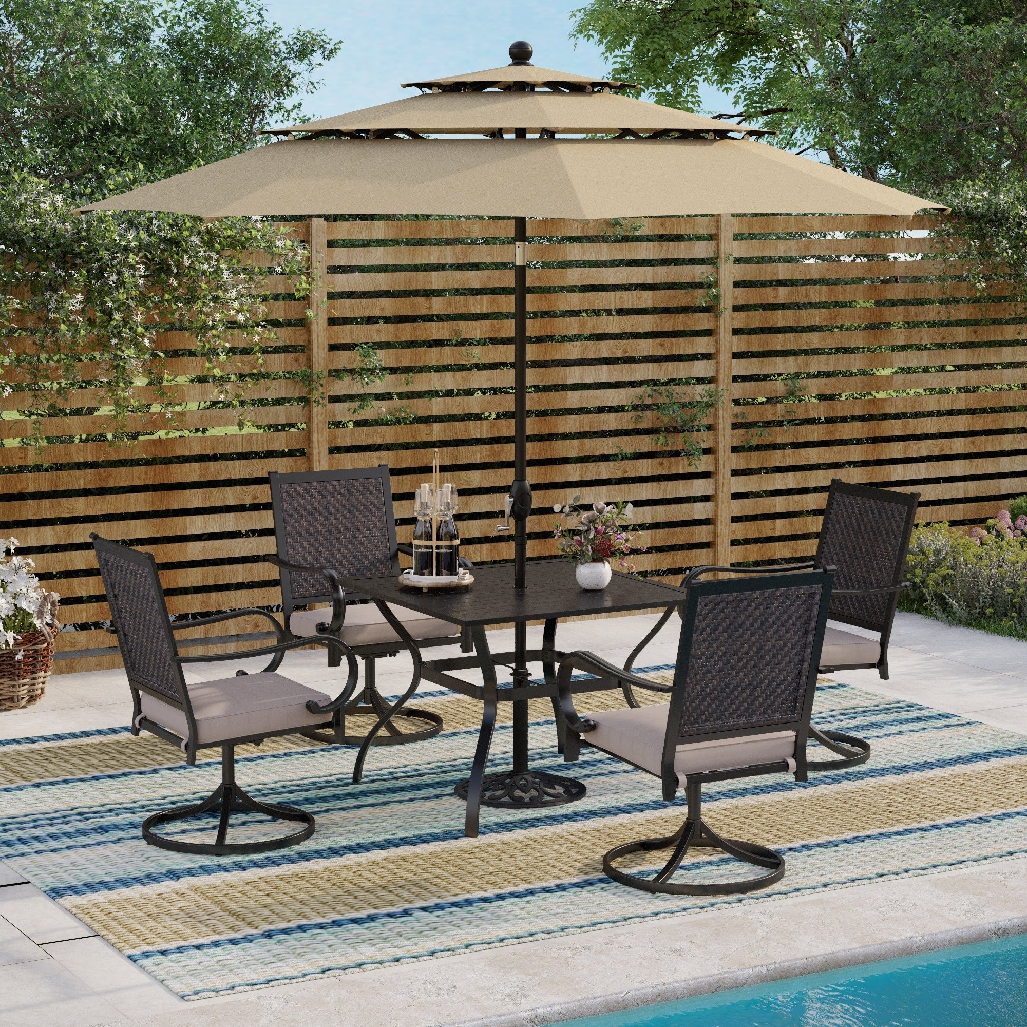 MAISON ARTS 5/7-piece Patio Dining Set, 4/6 Rattan Swivel Chairs with Cushion and 1 Metal Table with Umbrella Hole