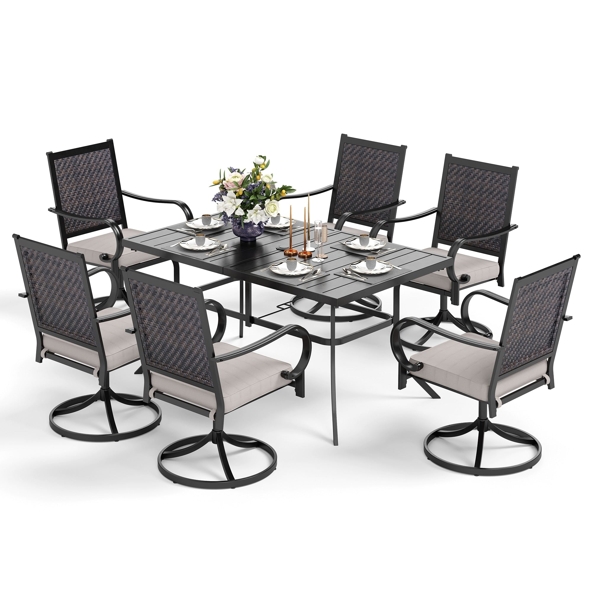 MAISON ARTS 5/7-piece Patio Dining Set, 4/6 Rattan Swivel Chairs with Cushion and 1 Metal Table with Umbrella Hole