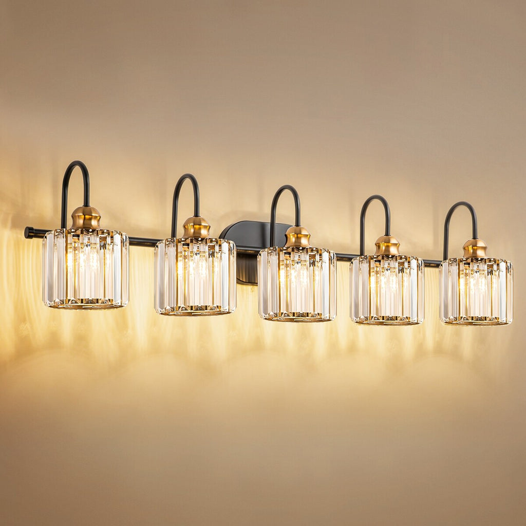Luminaires de salle de bain linéaires à 5 lumières en cristal à intensité variable avec abat-jour cylindrique en cristal