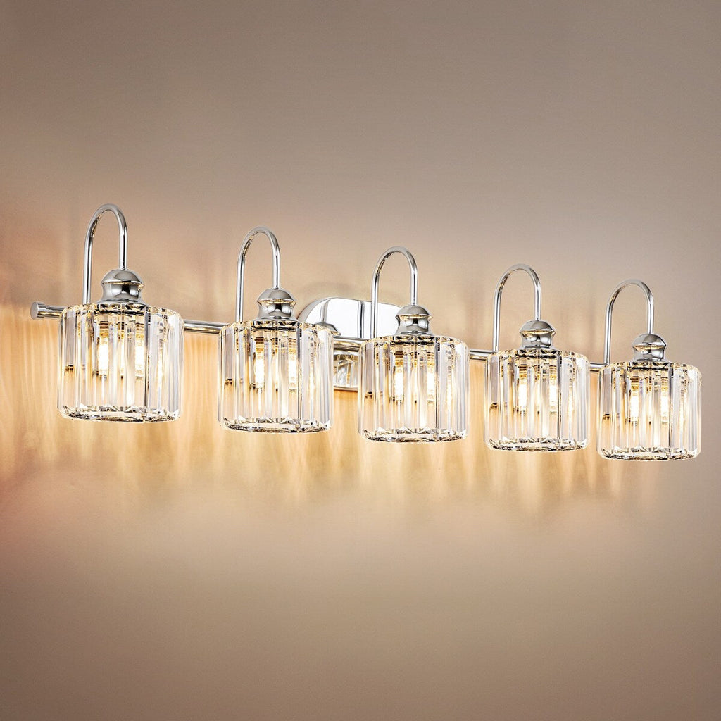 Luminaires de salle de bain linéaires à 5 lumières en cristal à intensité variable avec abat-jour cylindrique en cristal