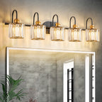 Luminaires de salle de bain linéaires à 5 lumières en cristal à intensité variable avec abat-jour cylindrique en cristal