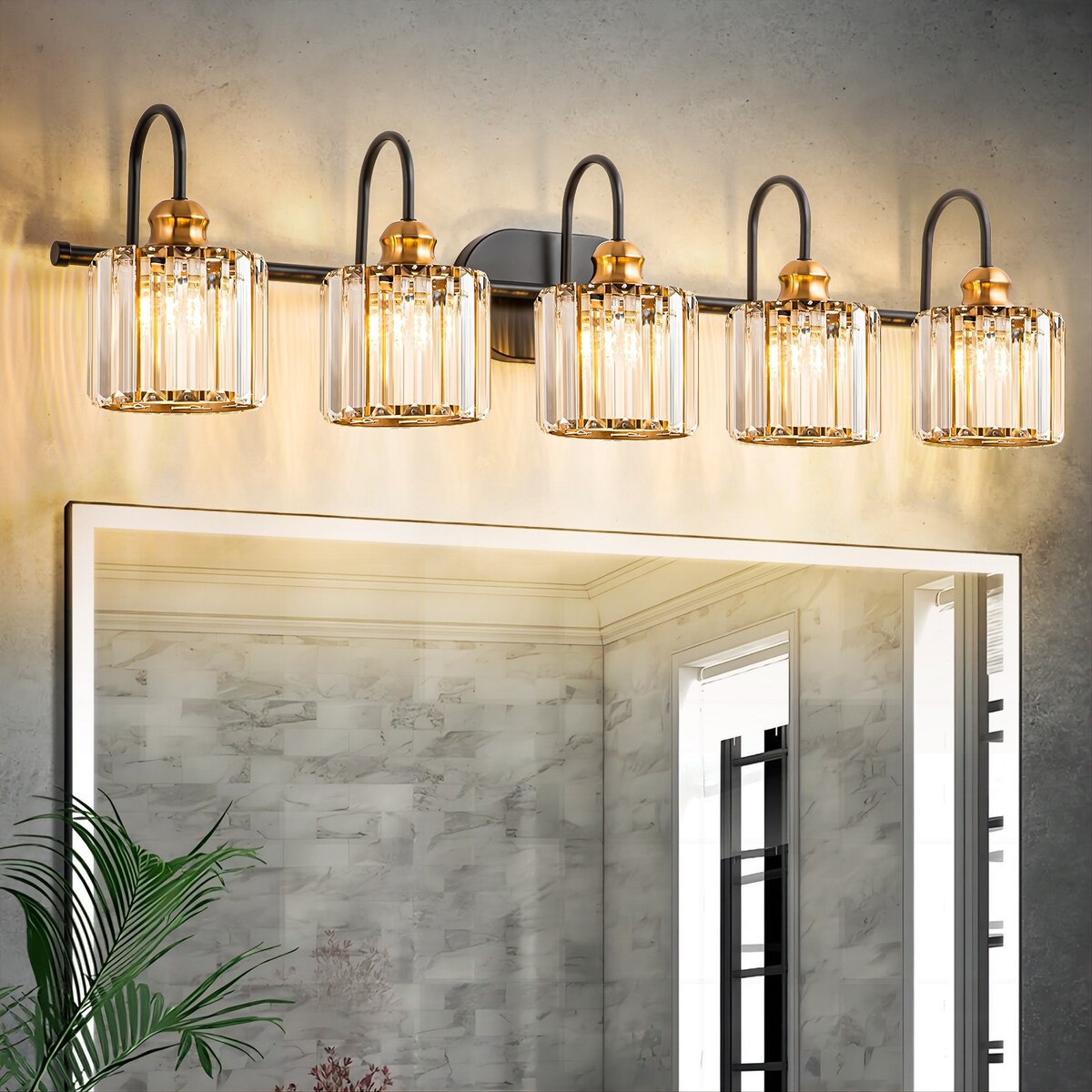 Luminaires de salle de bain linéaires à 5 lumières en cristal à intensité variable avec abat-jour cylindrique en cristal