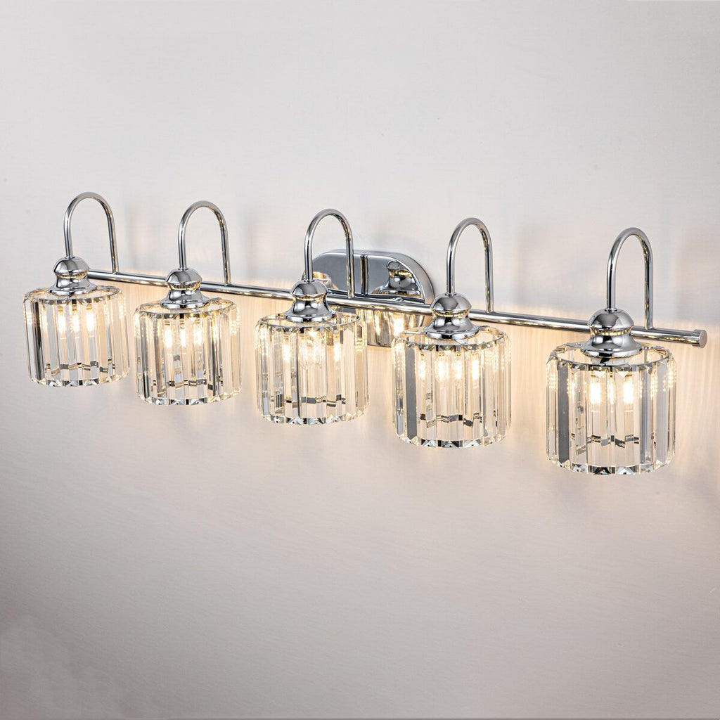 Luminaires de salle de bain linéaires à 5 lumières en cristal à intensité variable avec abat-jour cylindrique en cristal