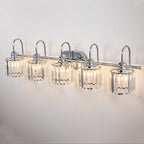 Luminaires de salle de bain linéaires à 5 lumières en cristal à intensité variable avec abat-jour cylindrique en cristal