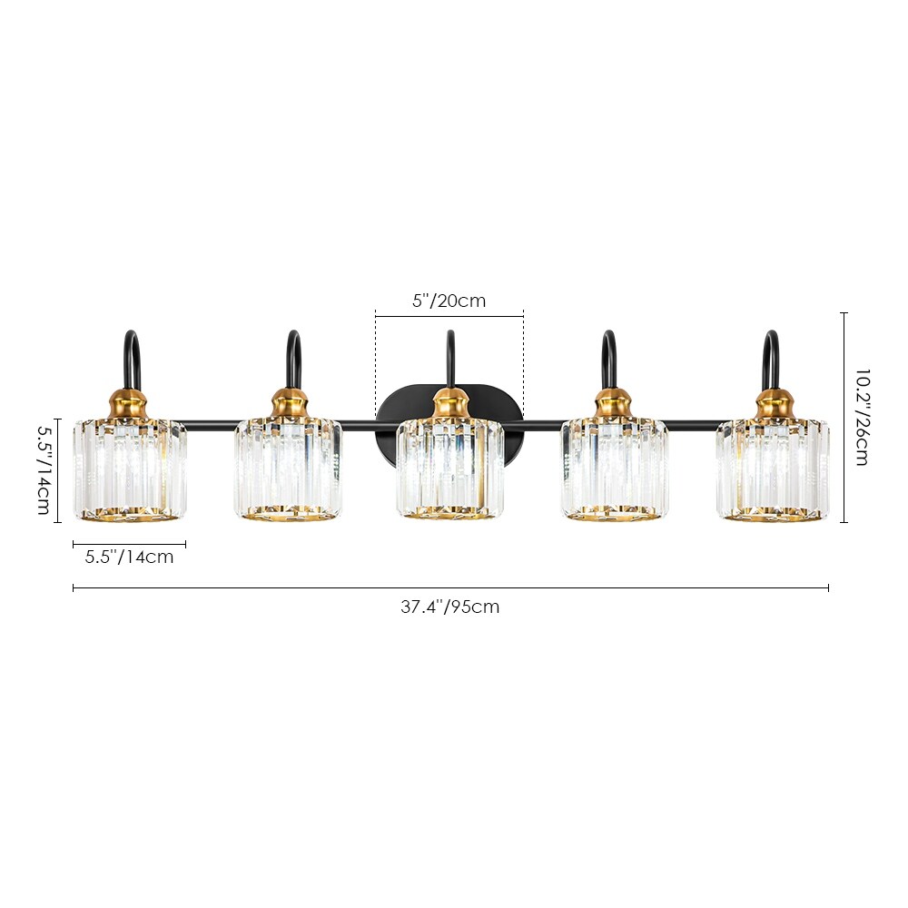 Luminaires de salle de bain linéaires à 5 lumières en cristal à intensité variable avec abat-jour cylindrique en cristal