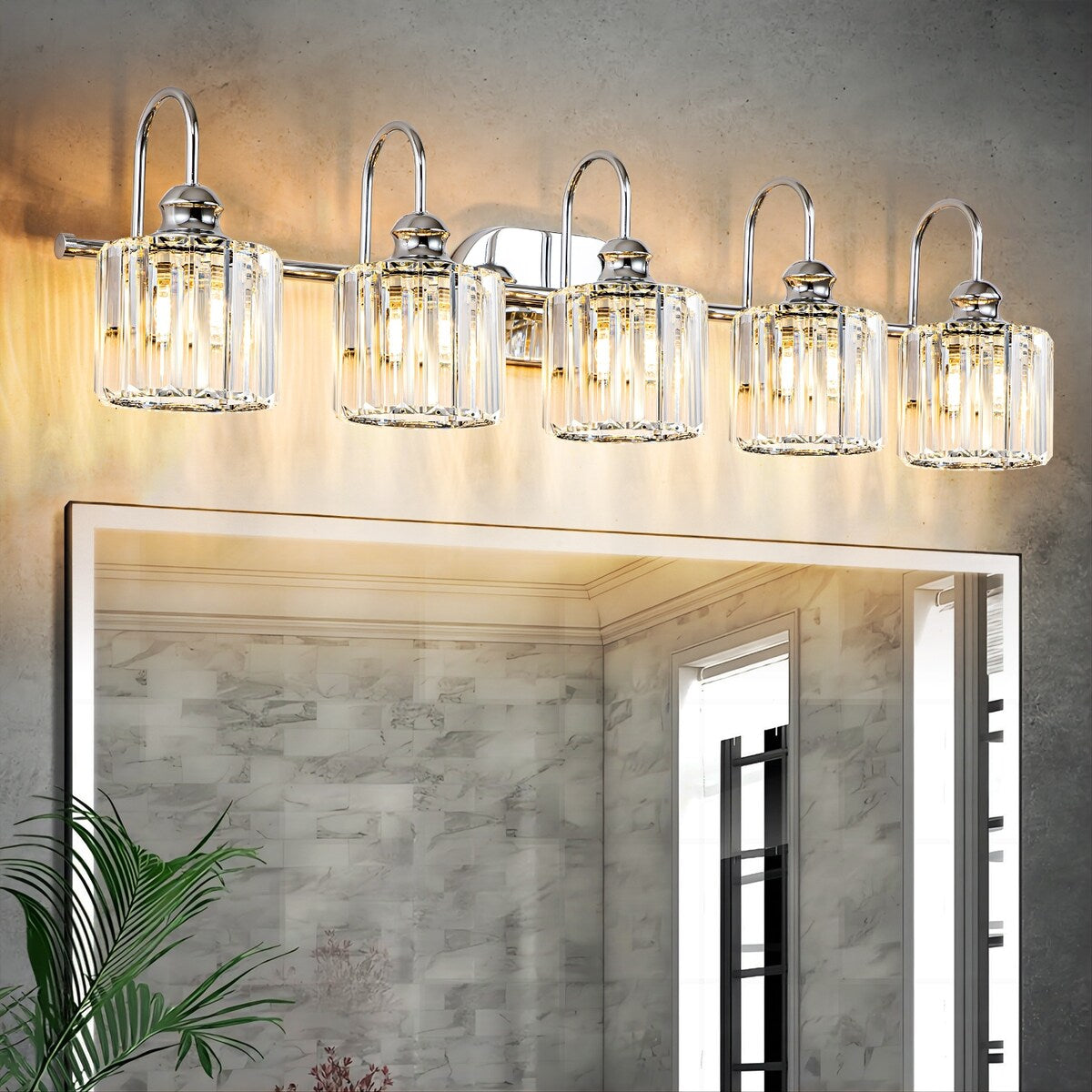 Luminaires de salle de bain linéaires à 5 lumières en cristal à intensité variable avec abat-jour cylindrique en cristal
