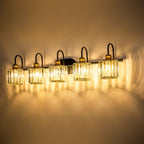 Luminaires de salle de bain linéaires à 5 lumières en cristal à intensité variable avec abat-jour cylindrique en cristal