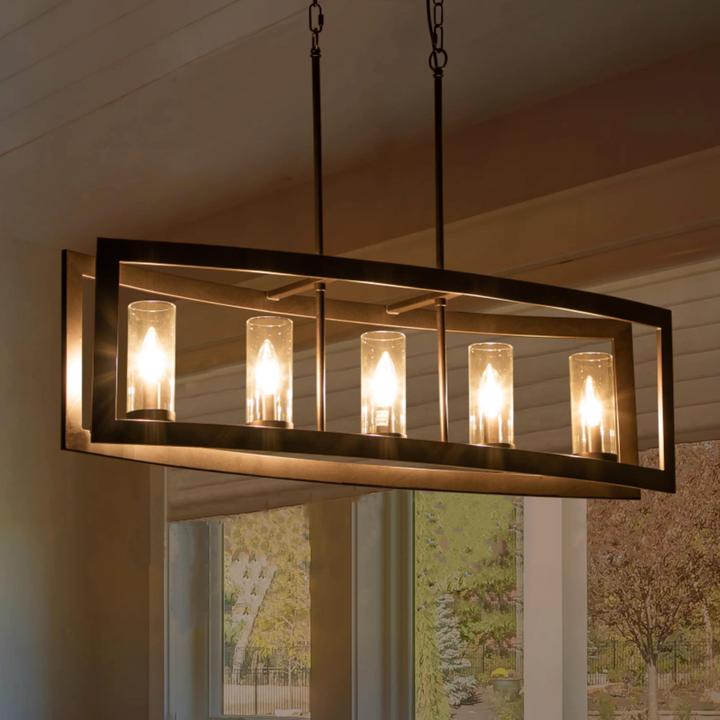 Lustre linéaire industriel moderne à 5 lumières pour salle à manger, style ferme, en verre transparent, idéal pour une cuisine ou un îlot de cuisine