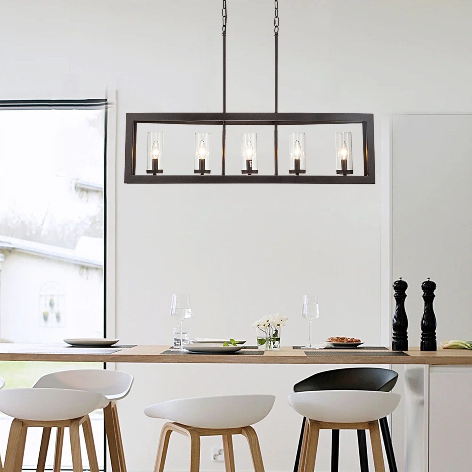 Lustre linéaire industriel moderne à 5 lumières pour salle à manger, style ferme, en verre transparent, idéal pour une cuisine ou un îlot de cuisine