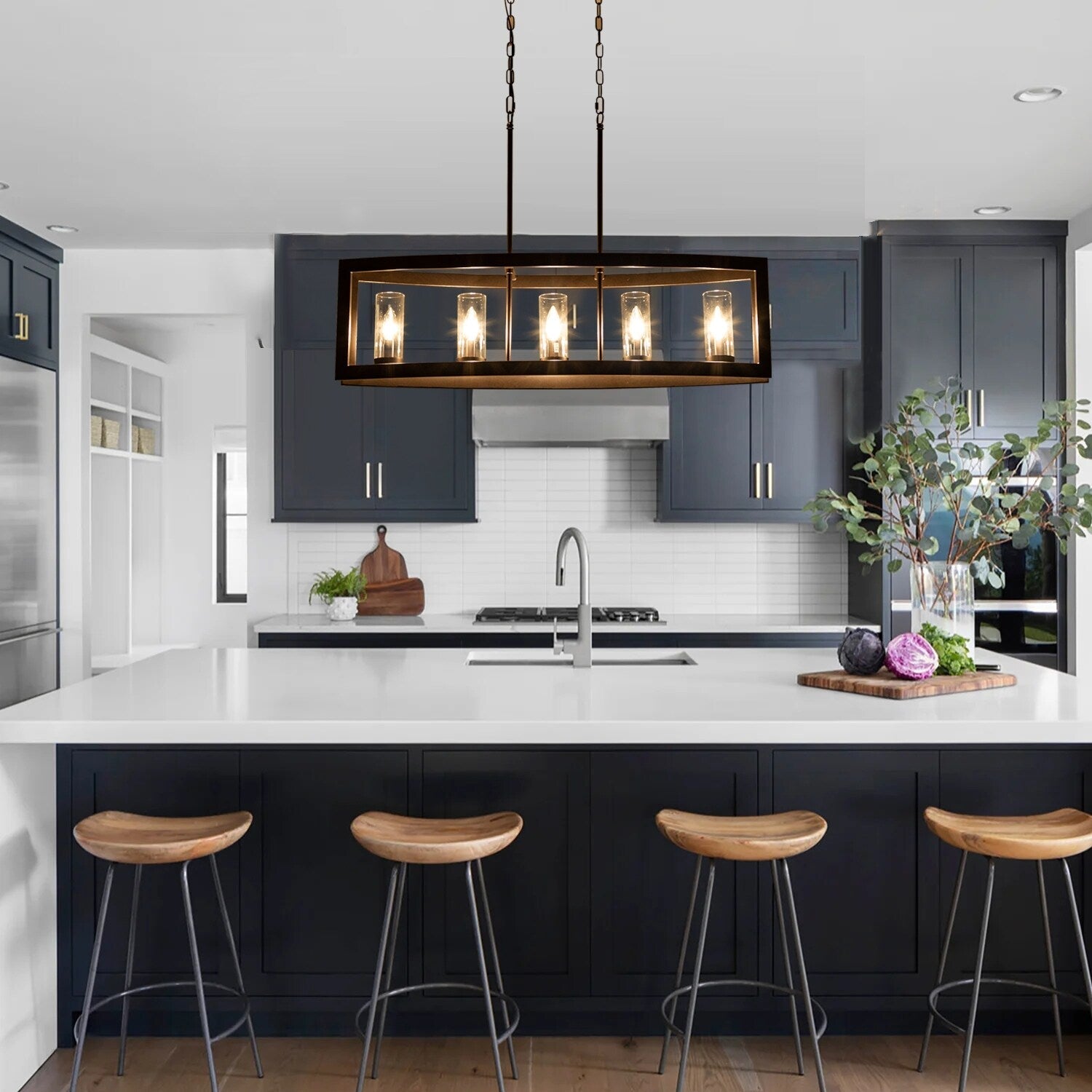 Lustre linéaire industriel moderne à 5 lumières pour salle à manger, style ferme, en verre transparent, idéal pour une cuisine ou un îlot de cuisine